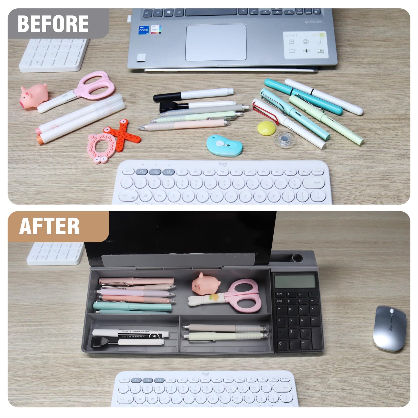 SELEAD Desktop Glass Whiteboard with Calculator, Organizer, Markers, Eraser, Holder - Black Dry Erase White Board Computer Pad Keyboard Stand for Home, School, Office Desk Cubicle Accessories
