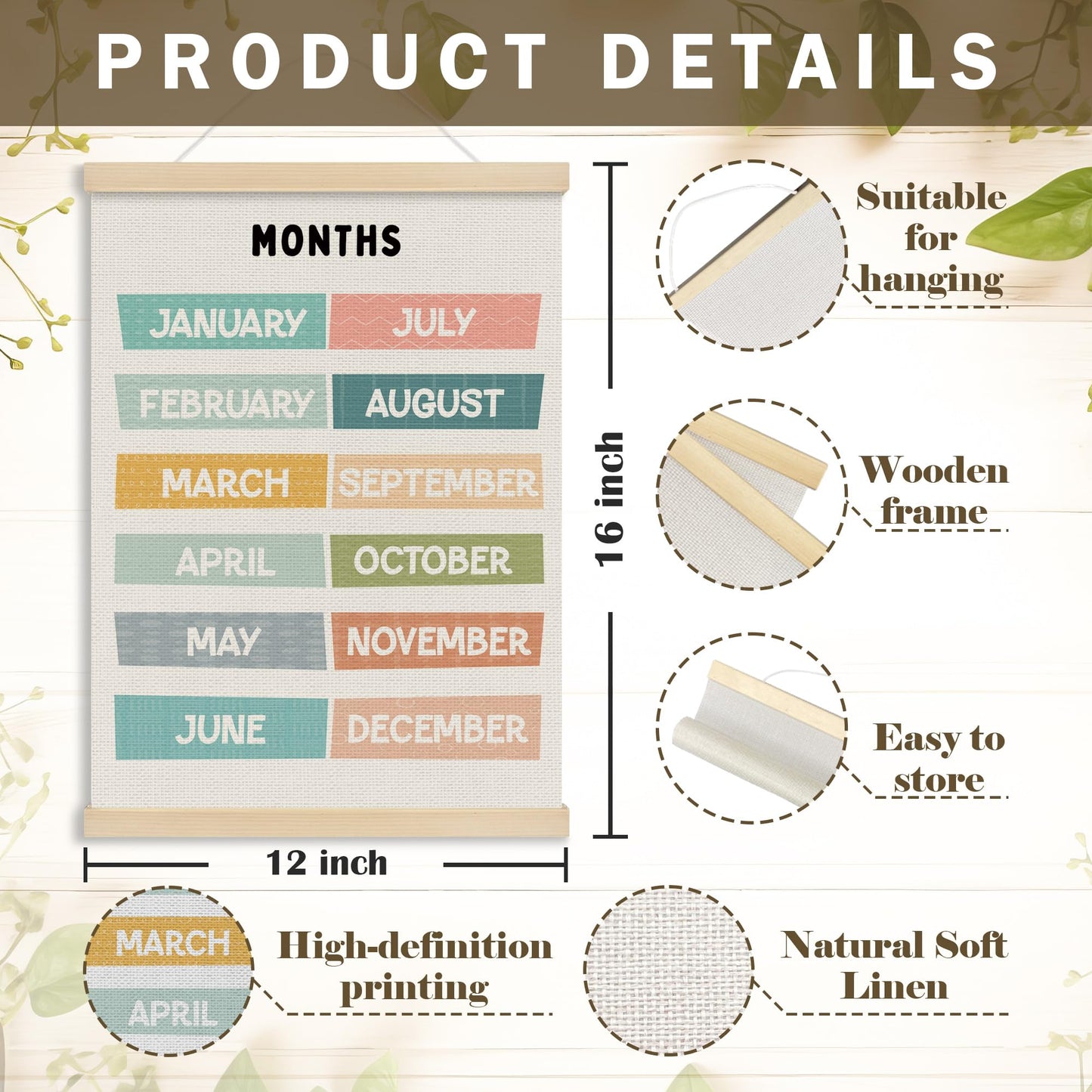MOTERMATE Months of The Year Wall Art Poster for Classroom, Boho Toddler Room Decor, Learning Educational Canvas Poster Hanger Frame for Toddlers Classroom, Playroom Wall Hanging Banner Decor, 12x16In