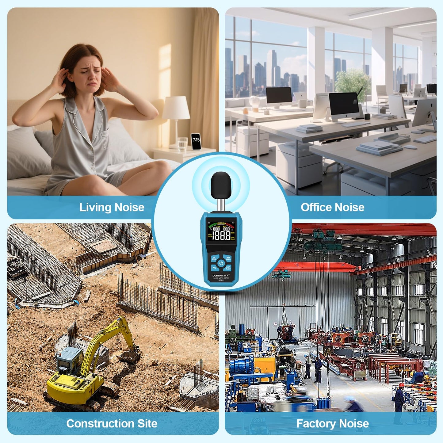 Decibel Meter, DURFICST Sound Level Meter with LCD Color Screen, 30-130dB SPL Meter with A/C Weighting, Data Hold, MAX/MIN,dB/SONE Unit,FAST/SLOW Response,for Home, Office, Factory, Noisy Neighbors
