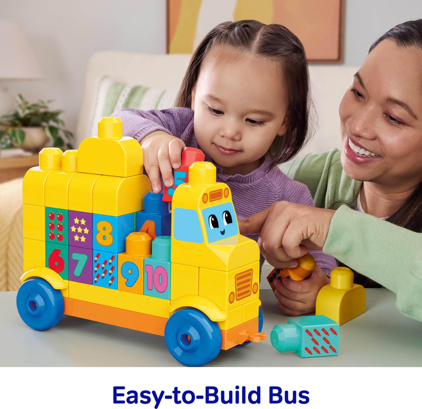 MEGA BLOKS First Builders Toddler Block Toys Set, Build & Count Bus 45 Pieces, Learn Numbers and Counting, Yellow, Ages 1+ Years
