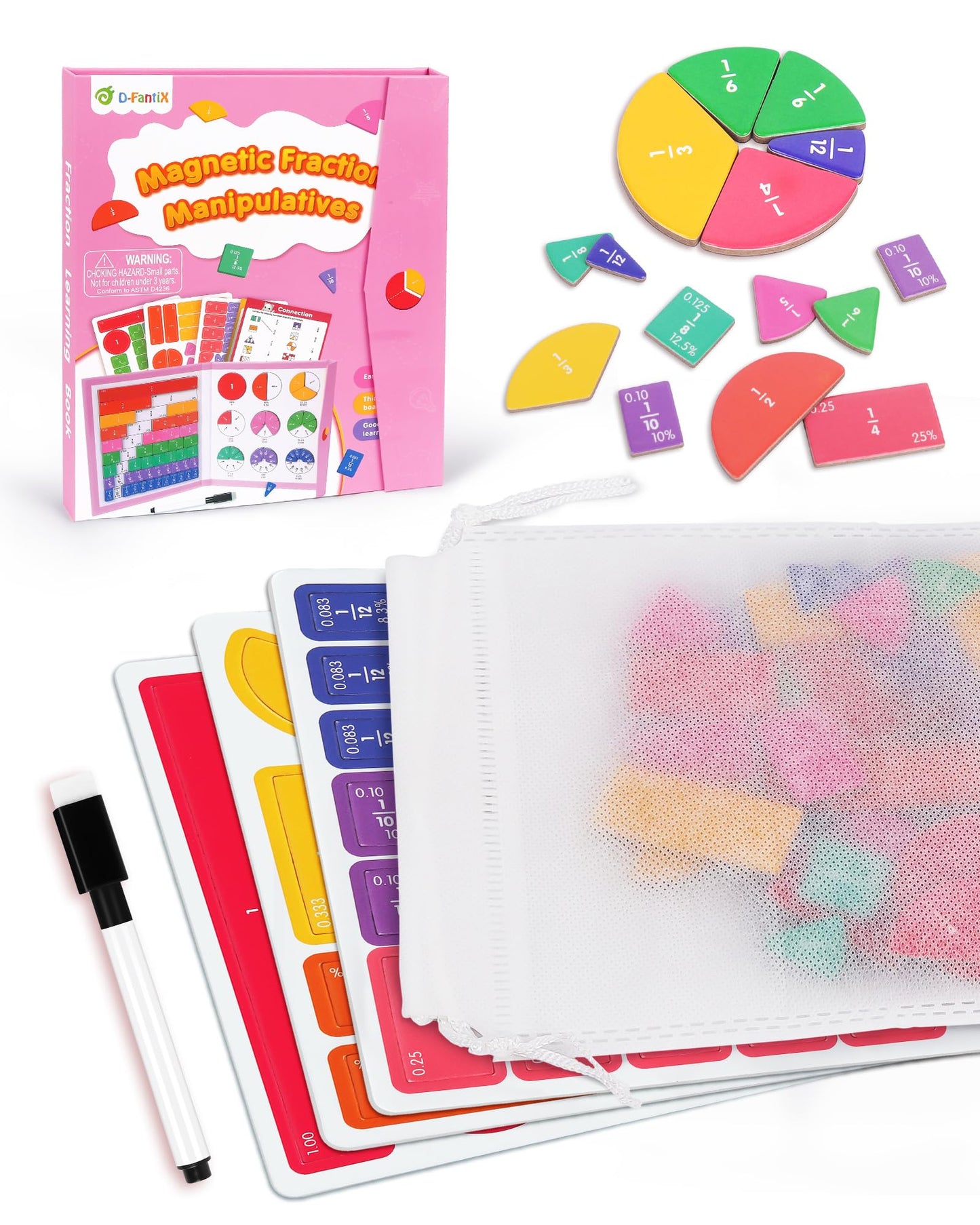 D-FantiX Magnetic Fraction Book, Magnetic Fraction Tiles & Fraction Circles Set, Math Manipulatives for Elementary School, Montessori Fraction Manipulatives Learning Tools for Kids