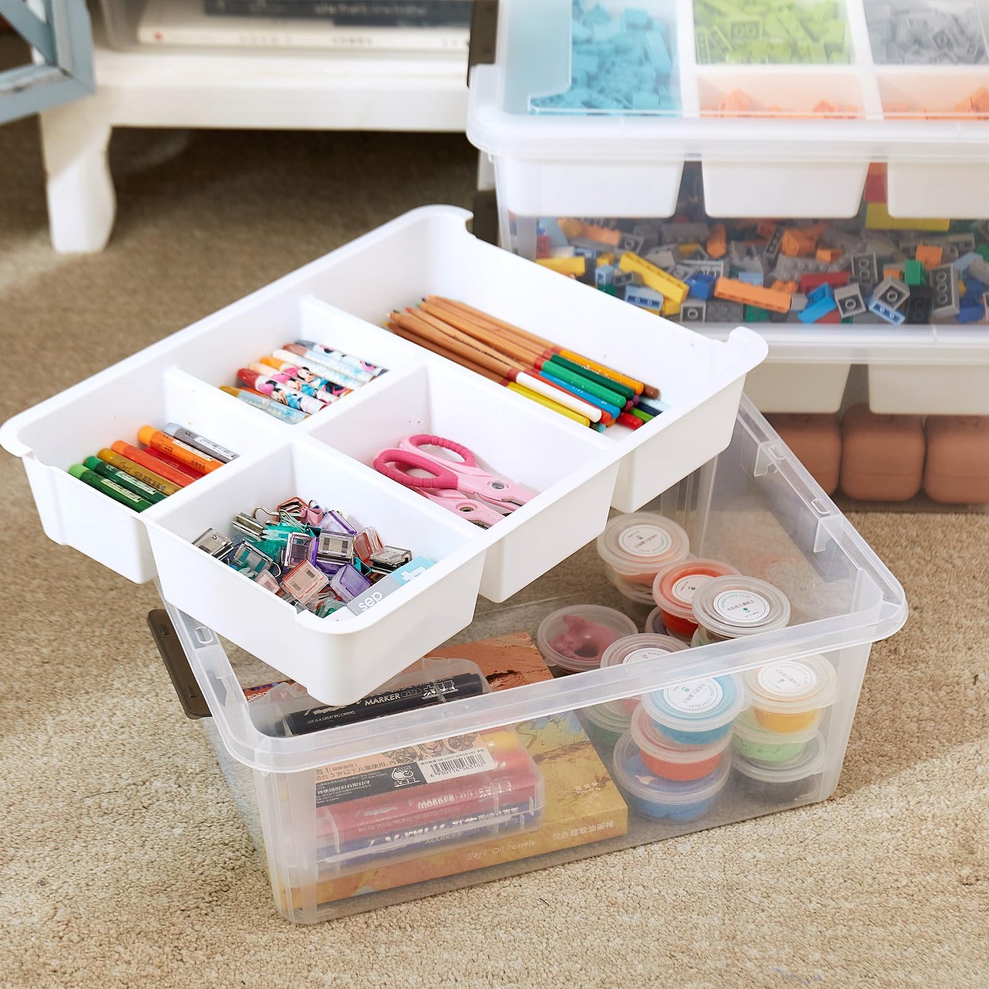 MACOPRO 17 QT Plastic Storage Box with Removable Tray, Bins with Lids, Clear Storage Container for Craft Organization, Beads, Tools, Sewing, and Playdoh, Art Supply Organizer (White, 1Pack-17QT)