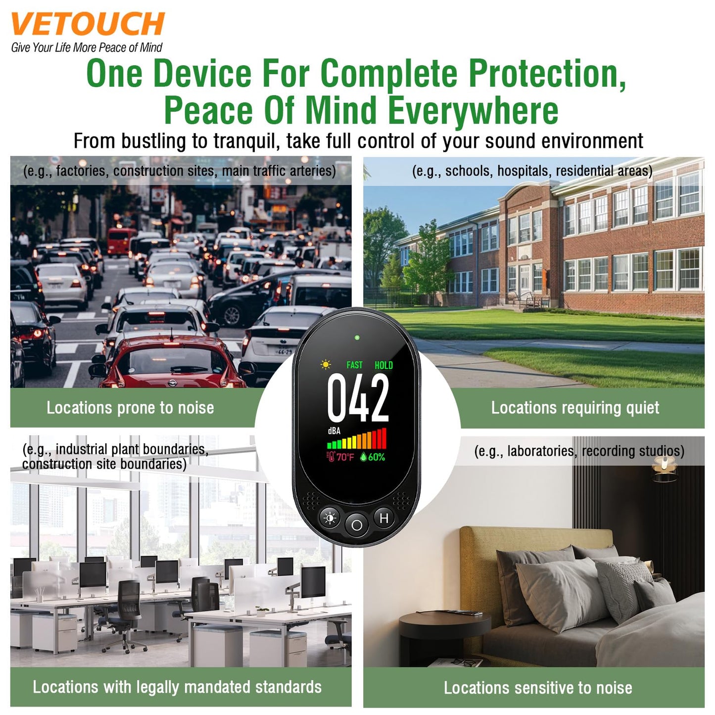 VETOUCH Plug-in Noise Meter Digital Sound Level, 3 in 1 Decibel Meter with Temp Humidity, 30-130dB Portable SPL, AC Powered, Data Hold, Max Min, Fast/Slow, 1.83" LCD, Meter for Home RV