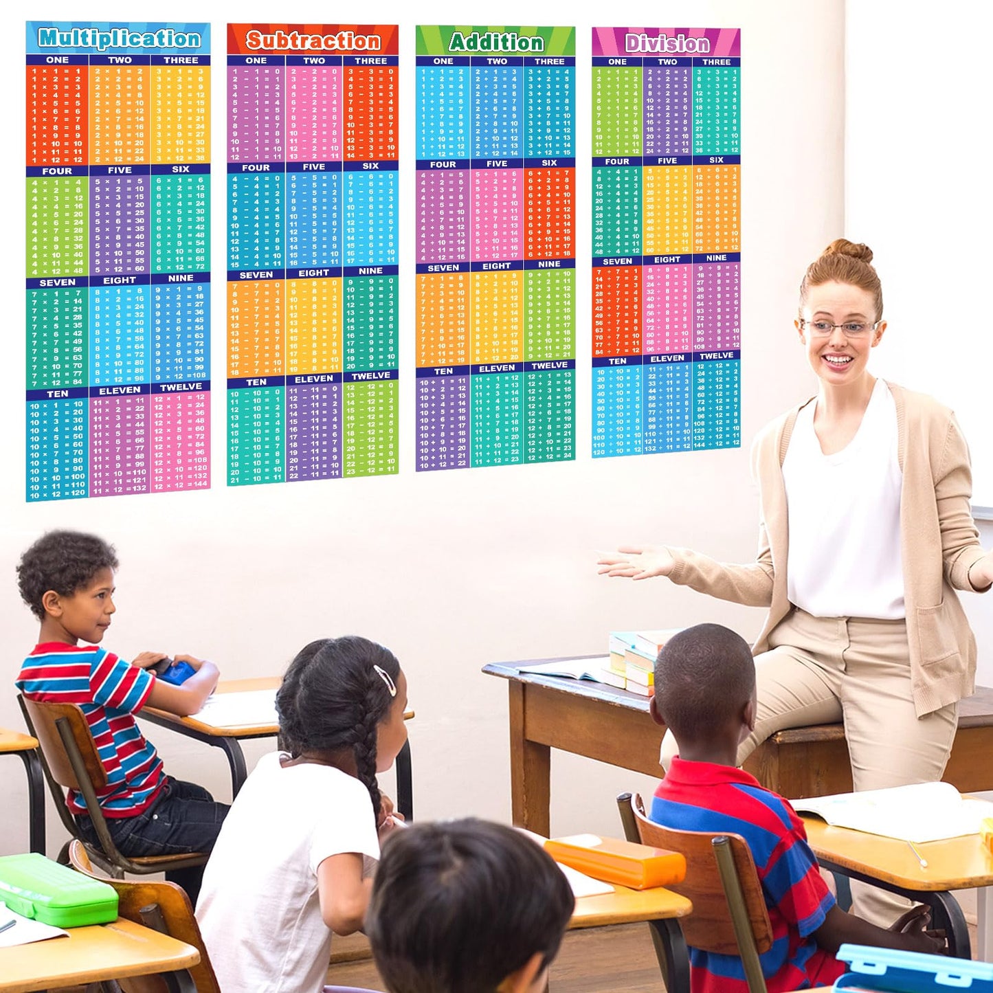 CHUNNIN 4 Pcs Large Educational Math Posters Banner Multiplication Division Addition Subtraction Table Chart Posters for Kids Teacher Elementary Middle School Classroom Wall Decor 39x13 inch