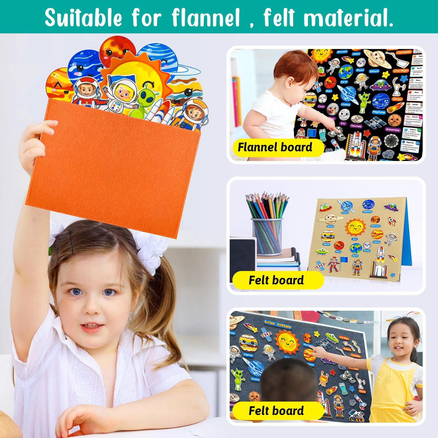 PENGFULL Felt Flannel Board Story Pieces for Toddlers Preschool,Kids Interactive Storytelling Teaching Play Kits for Flannel Board or Felt Board,with Words Felt Pieces(Solar System)