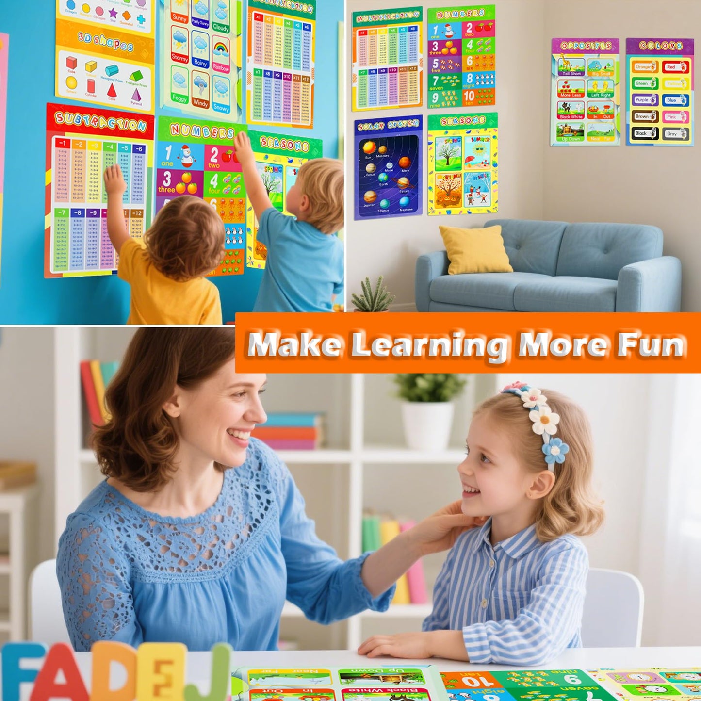Educational Posters for Elementary Preschool Kindergarten Classroom Learning, Preschool Learning Posters for ABC Alphabet, Time, Number, Months, Colors, Weather, Galaxies , Animals, More, 16.5x11 Inch (16P)