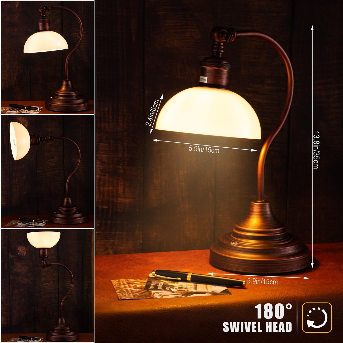 Anxingtools Cordless LED Table Lamp, Rechargeable, 3-Level Dimming, USB-C Charging, 180? Swivel Head, Oil Rubbed Bronze-White Glass