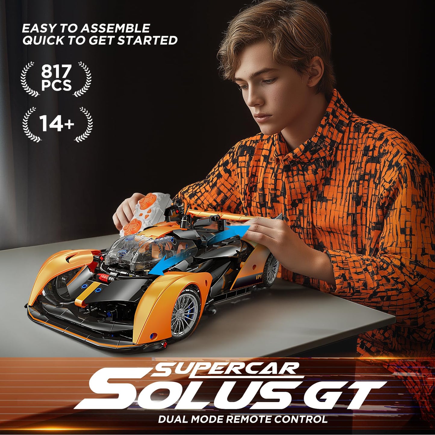 MOCBROPCS Remote Control Building Car, 1:14 Solus GT Construction Toy, Compatible with Technic Car, Collectible Gifts for 10-16 Year Olds and Adults (817pcs)
