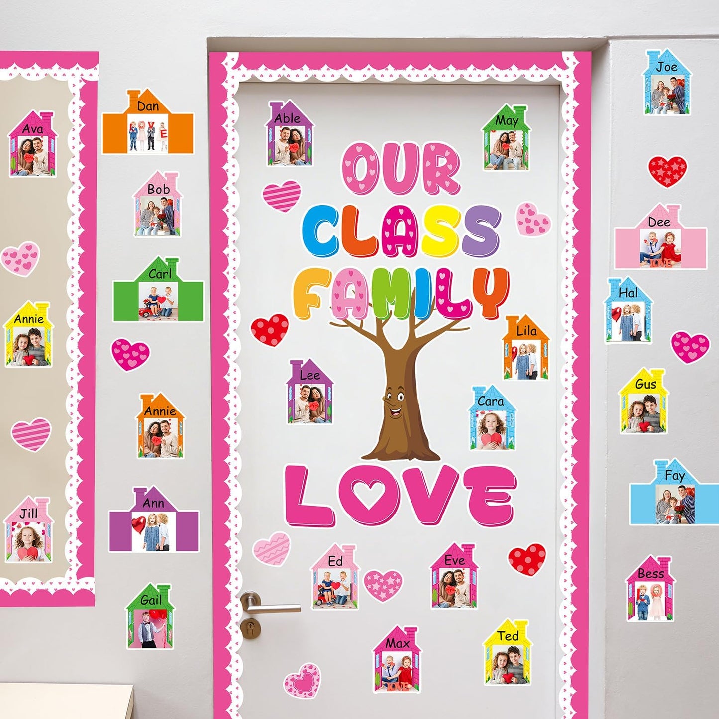 Back to School Bulletin Board Set Our Class is a Family Classroom Decoration with 3D Photo Frame House Pink Paper Cutouts Family Tree Bulletin Board for Home Office School Classroom Wall Decor
