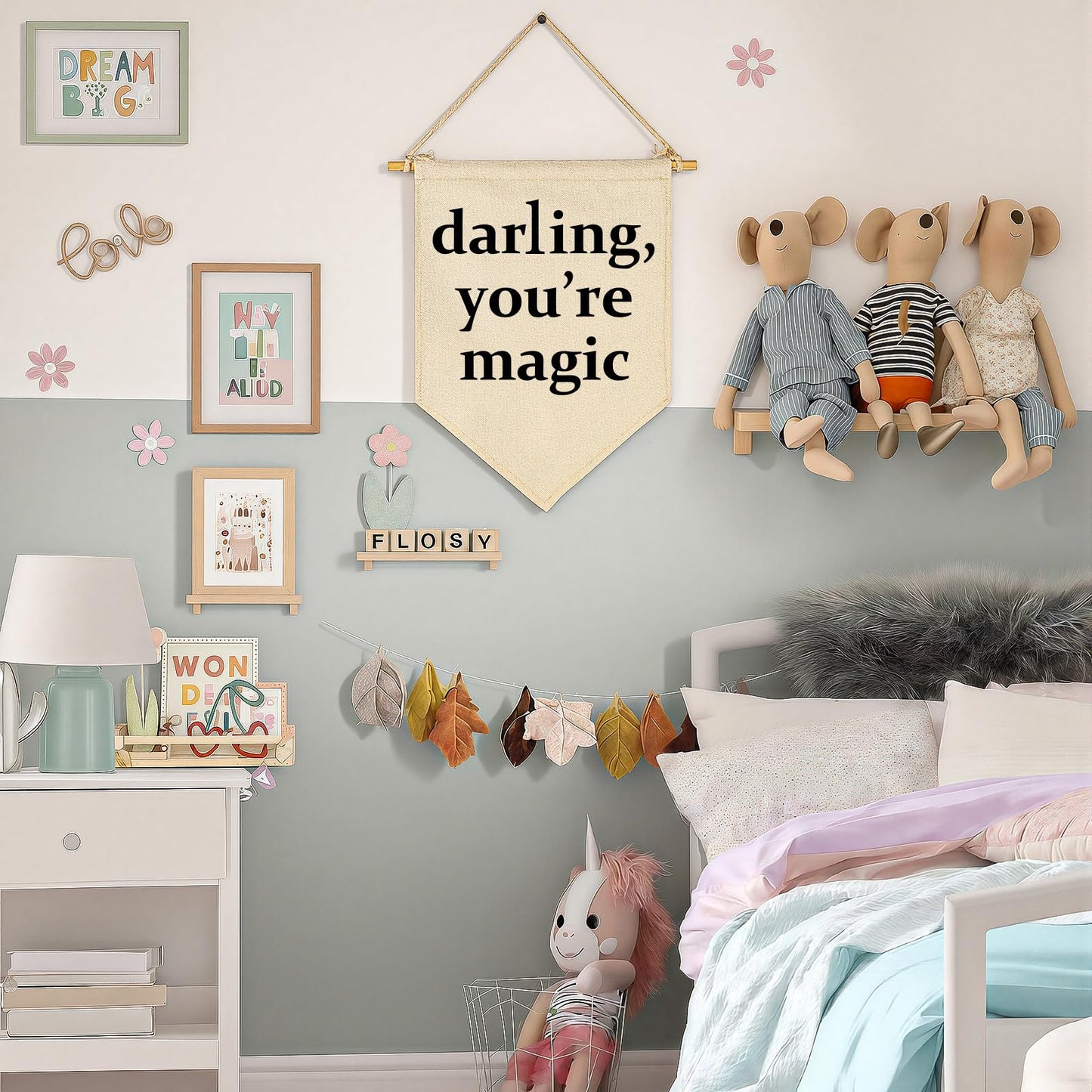 Darling You're Magic - Canvas Hanging Pennant Flag Banner Wall Sign Decor Gift for Nursery Baby Kids Girl Boy Teen Bedroom Playroom Decor- Birthday Christmas Gift