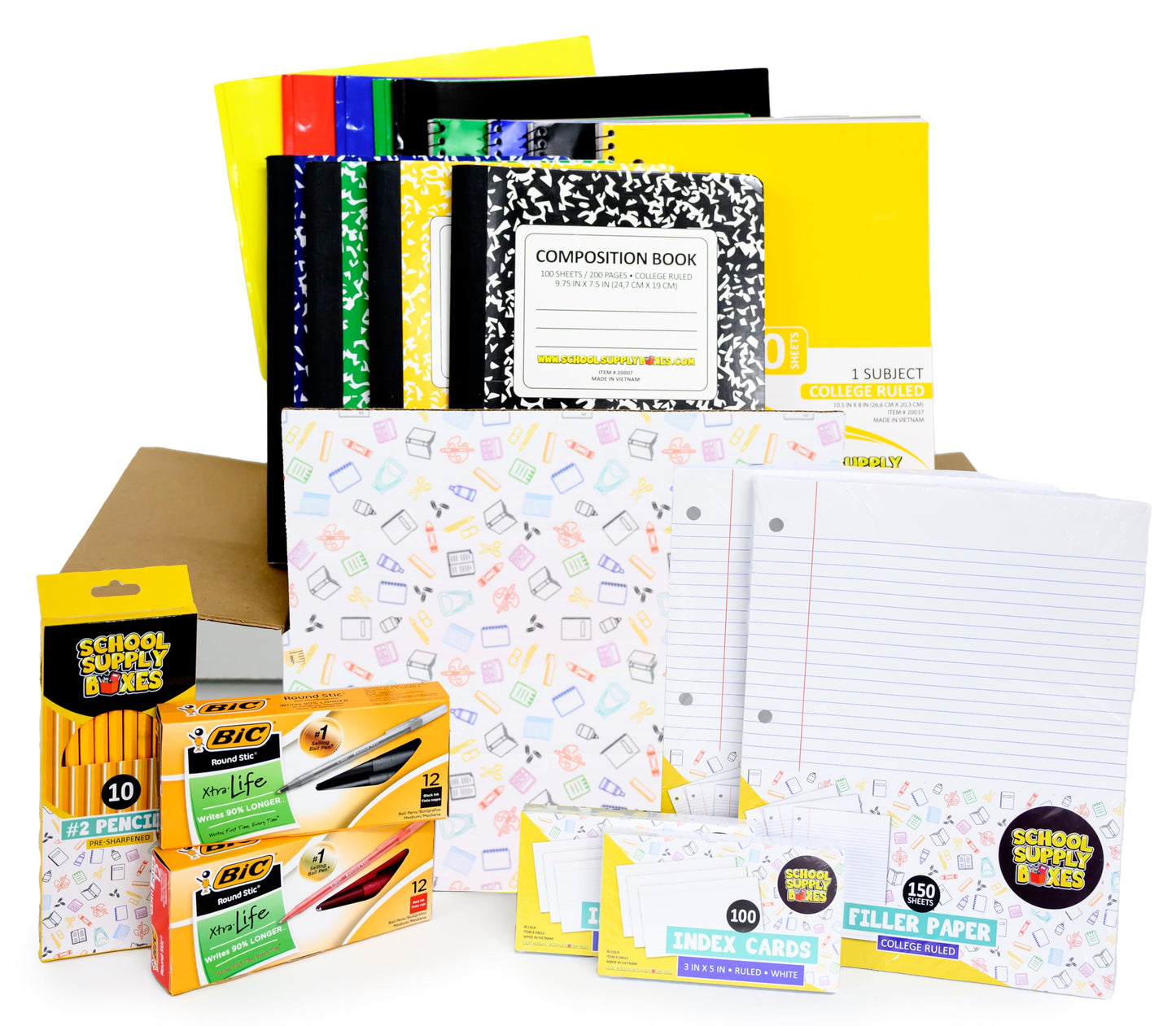 School Supply Boxes | High School Writing Bundle (1 Box) | Back to School Essentials Kit for Students & Teachers | Includes College-Ruled Filler Paper, College-Ruled Notebooks, 12 ct. Pens, & More