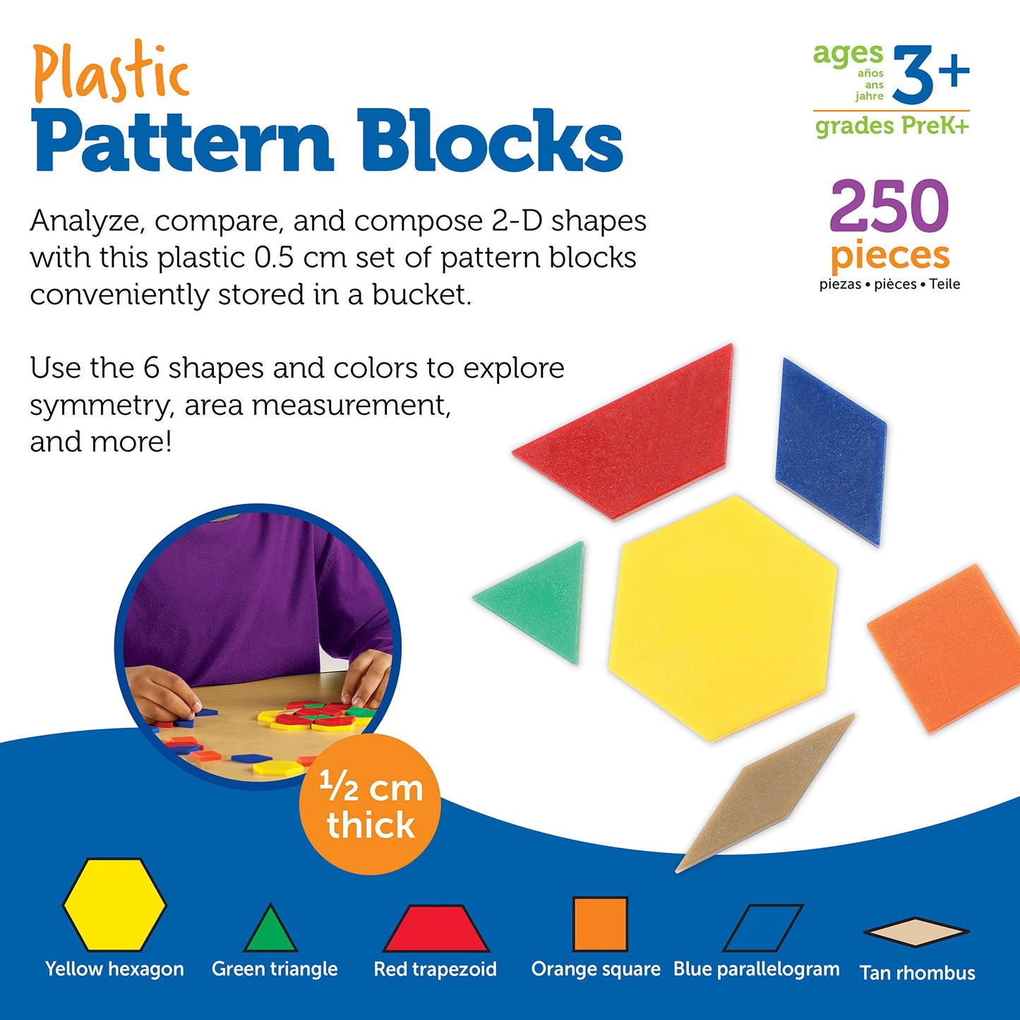 Learning Resources Plastic Pattern Blocks 250 Set - Classroom Must Haves, Math Teaching Tools, Homeschool Supplies, Math Manipulatives