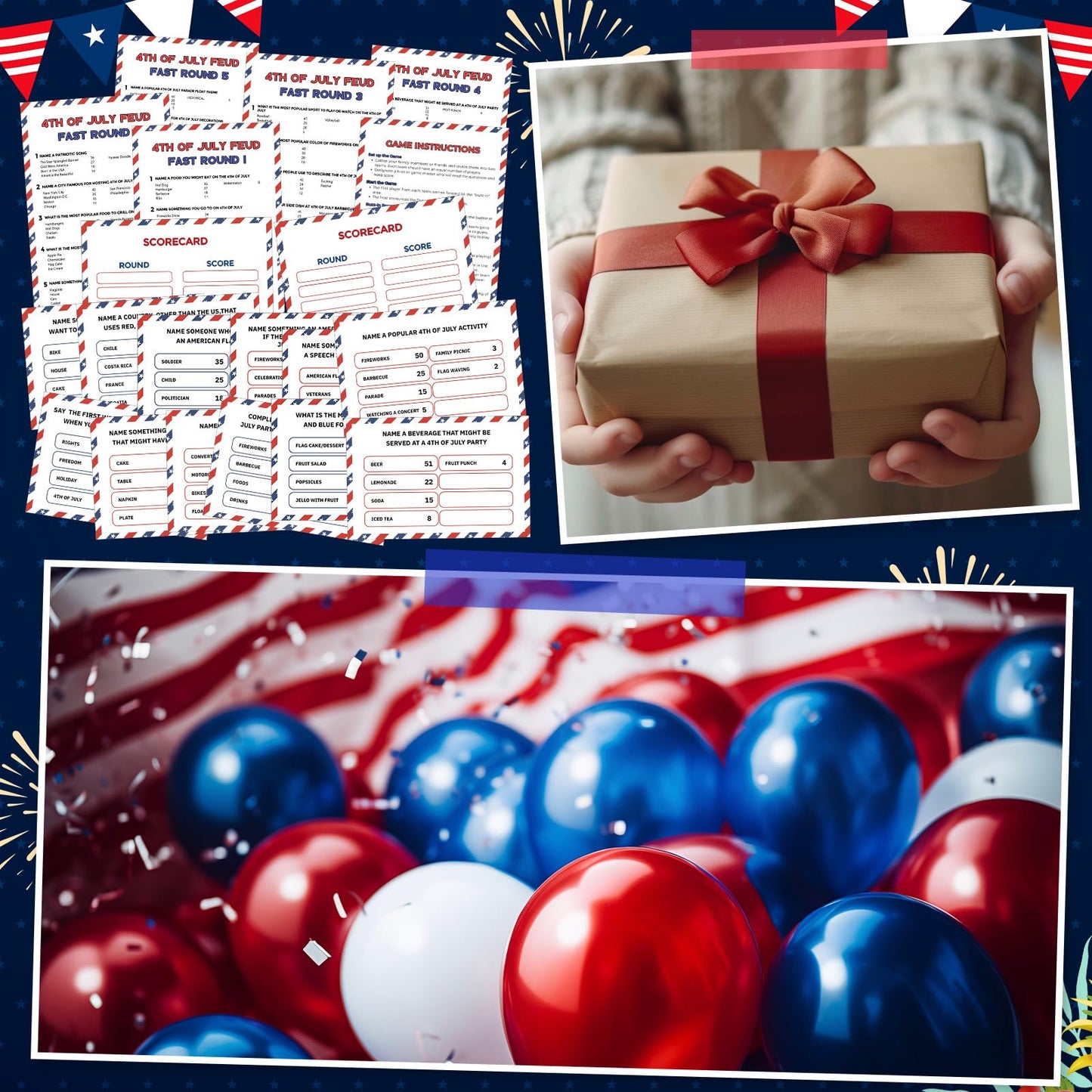 Humyoun 4th of July Friendly Feud Game with 2 Answer Buzzers, Independence Day Feud Cards for Family Game Night Fun Trivia Quiz for Party Office Class Groups Team Building (Red White Blue, Patriotic)