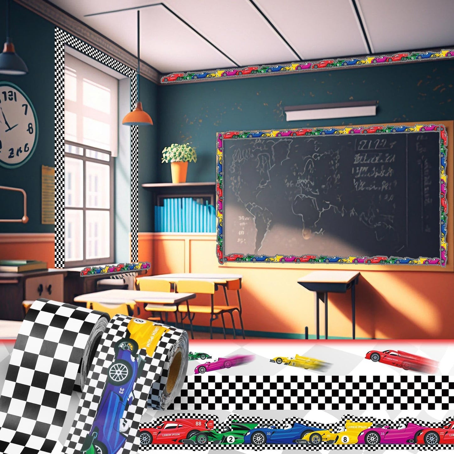 Trandraft 2 Rolls 65.6ft Racing Car Board Borders Decorations Checkerboard Bulletin Board Strips Racing Classroom Decor Back to School Bulletin Trim Borders for Home Office