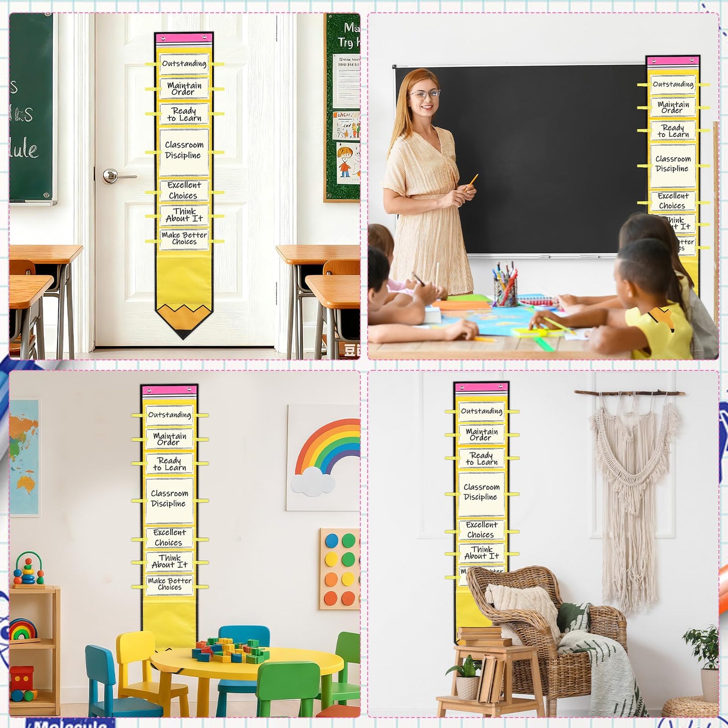 Student Behavior Chart for Classroom Management Pencil Shape Kids Track Reward Incentive Chart Hanging Creative Bulletin Board with 40 Clips for Home Preschool Daycare Back to School Teacher Supplies