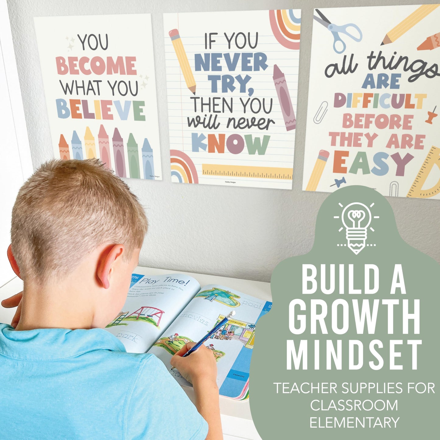 Hadley Designs Motivational Poster for Classroom Decor - 9 Growth Mindset Classroom Posters Elementary, Inspirational Wall Decor Middle School, Teacher Must Haves, Boho Bulletin Board Decorations