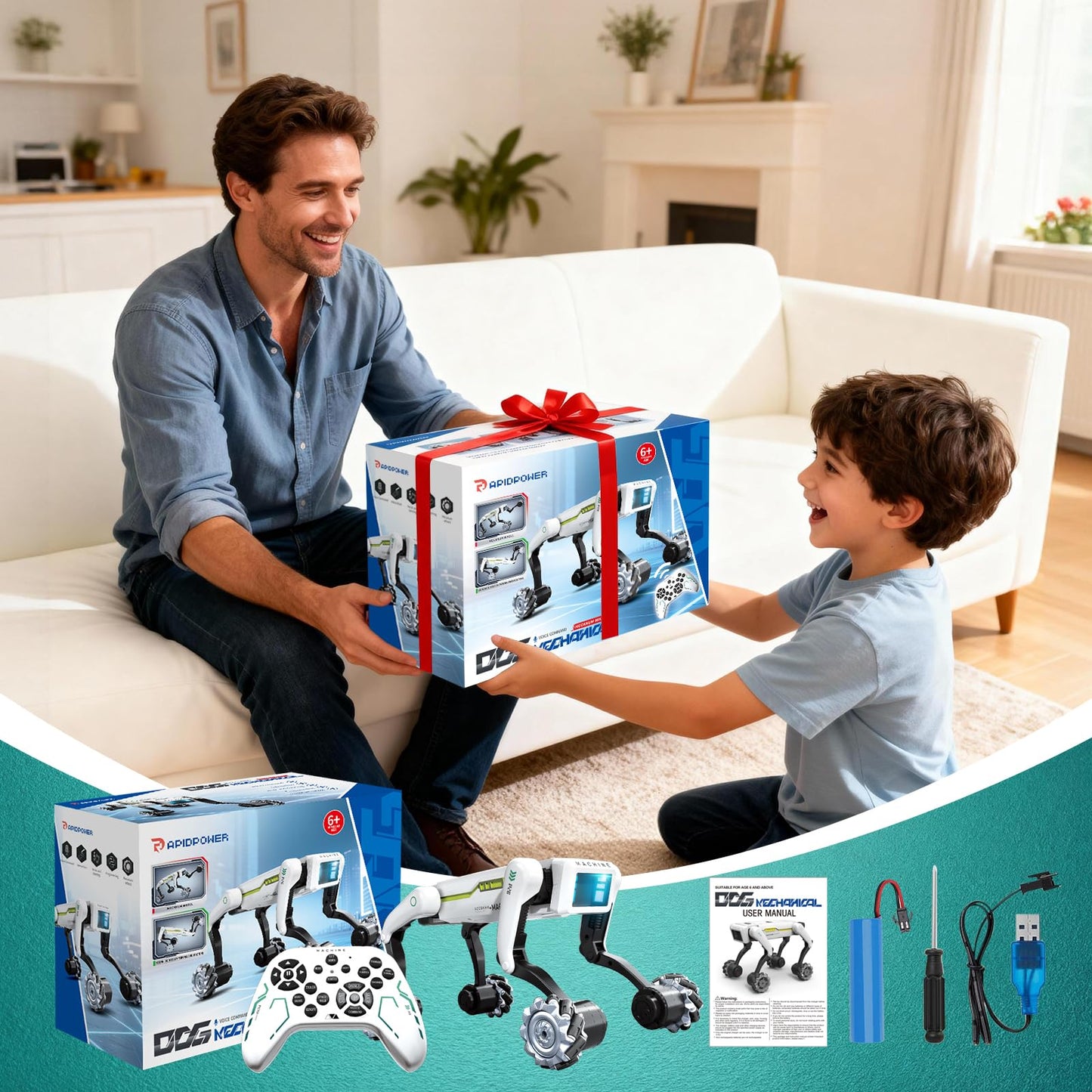 WEACFUS Smart Robot Dog for Kids Ages 6-12, Voice and Remote Control Robotic Pet, 30+ Bionic Actions, All-Terrain Stunt Moves, 25m Range, STEM Toy for Kids