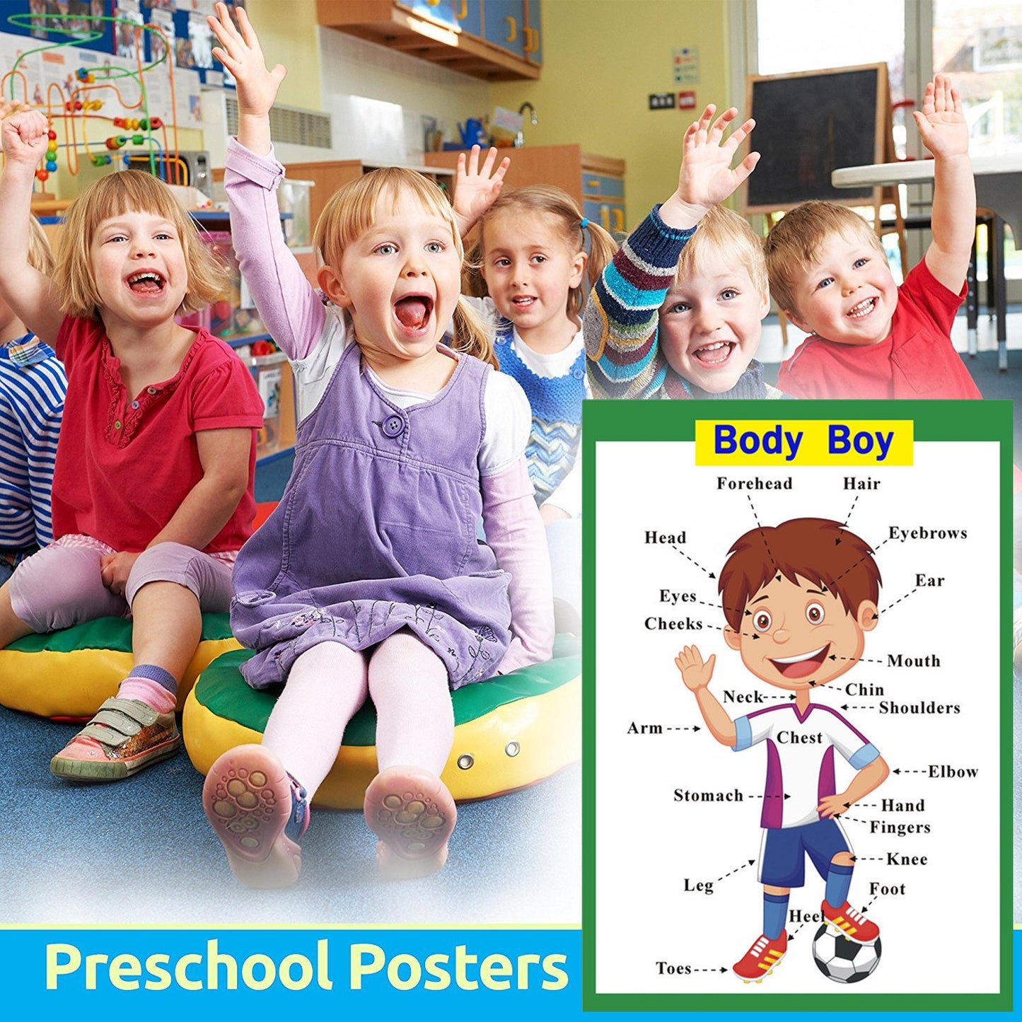 SANTSUN 2 Pcs of Set Educational Preschool Poster for Toddlers and Kids|Great for Nursery Homeschool Kind Classroom decorations|School Wall Decor- Transportation,Body Parts (17x24in)