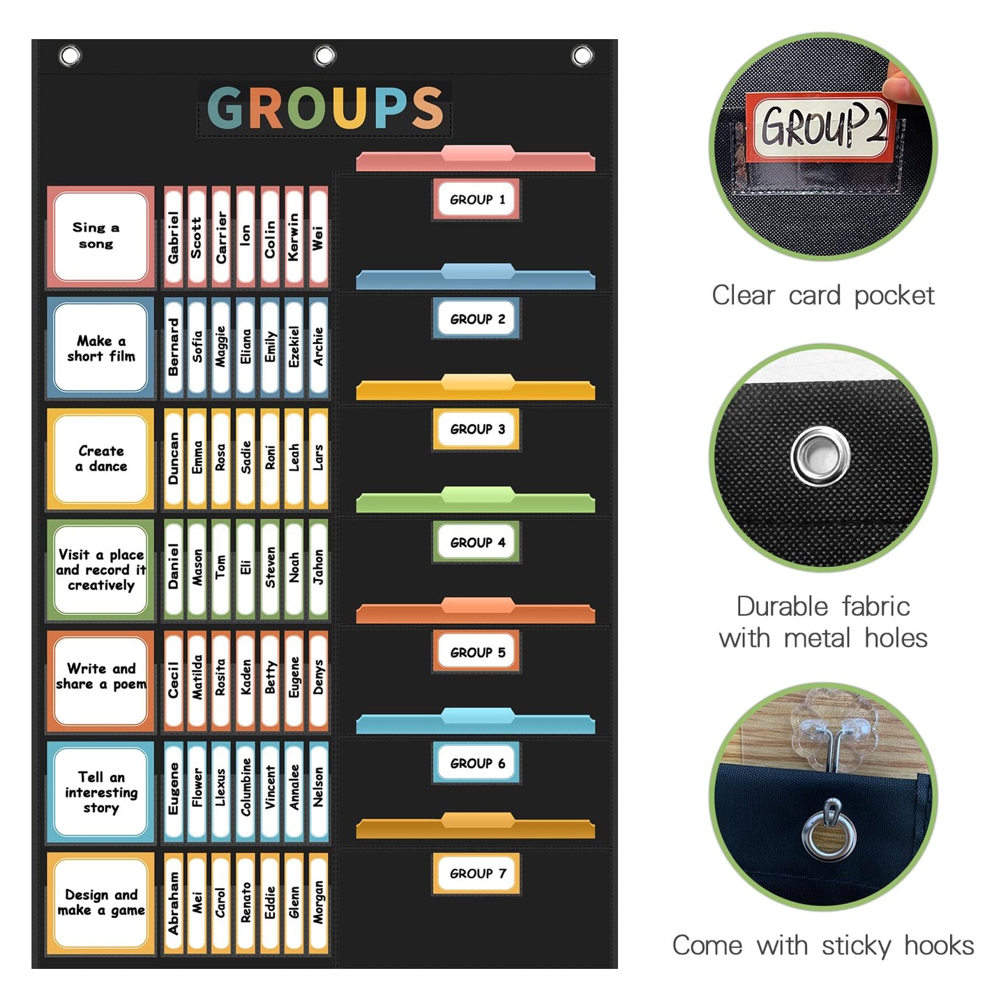 REGELETO Boho Small Group Management Pocket Chart with 114 Cards, Large Size 46 x 26.3 inch Classroom Small Group Organizer for School Teacher Homeschool Learning Supplies (Black)