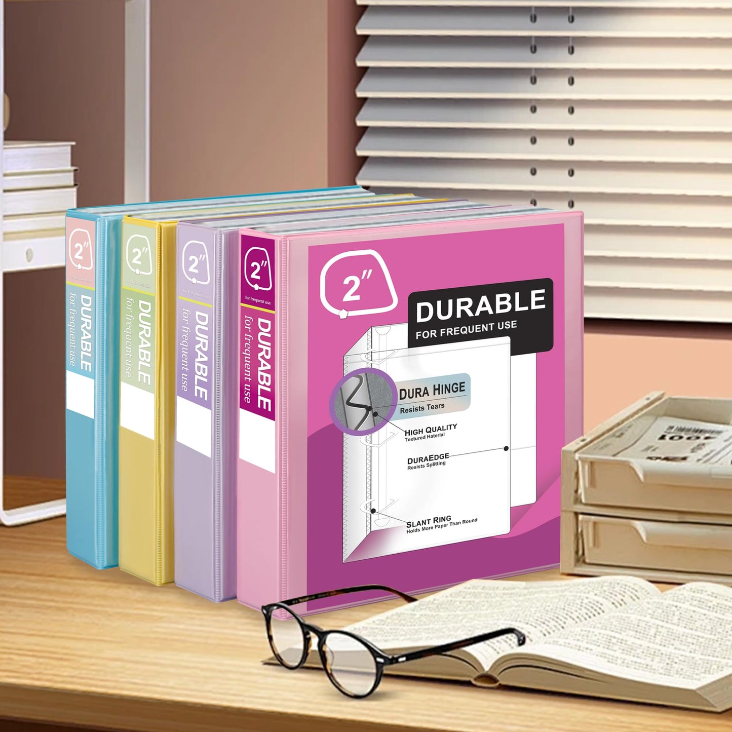 Zzrywuty Durable 3 Ring Binder,2 Inch Economy 4 Pack,Each Holds 540 Sheets,D-Ring Presentation View Binders for Office,School,Home(Pastel Assortment)