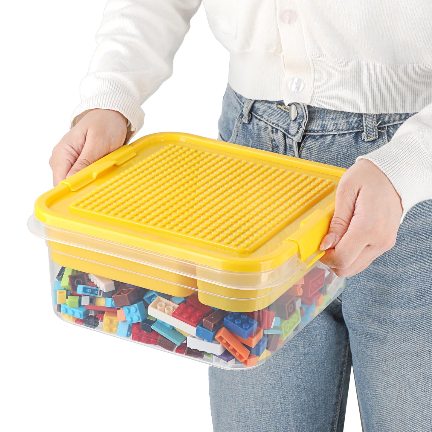 OGANAZI Plastic Storage Container with Bricks Baseplate Lid for Building Blocks, Bricks Building Set Organization Bin with Compartments Tray, Stackable Storage Box Building Block Chest Case (Yellow)