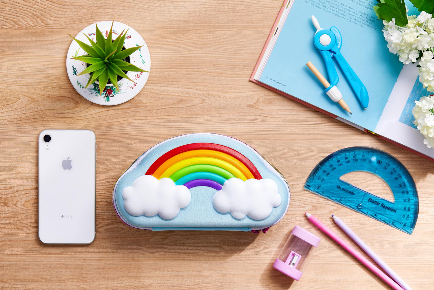 It's Academic Rainbow Pencil Case, School Supply Bag with Mesh Pocket, Embossed Detail, Durable