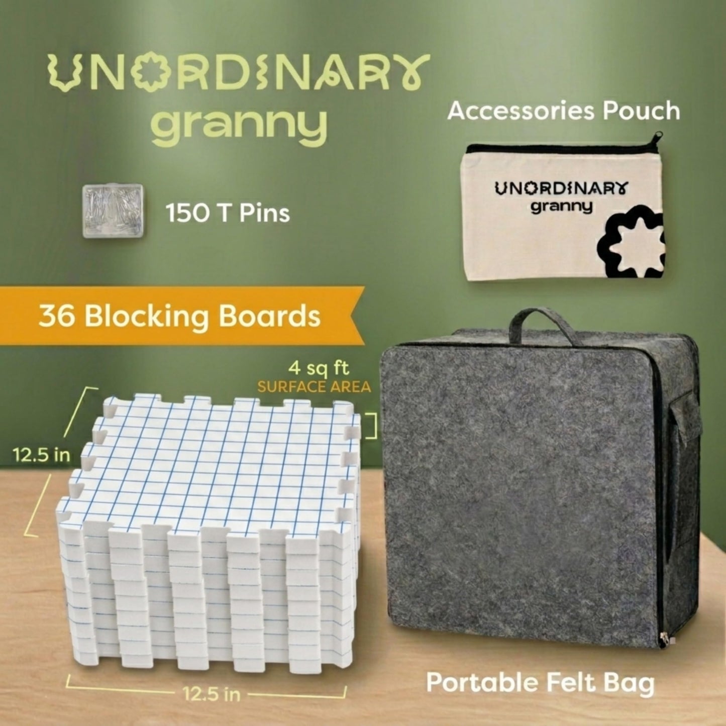 Unordinary Granny Crochet Blocking Board Set – 9 Extra Thick Interlocking Mats with Grid, 150 T-Pins, Felt Storage Bag and Cotton Pouch (Soft White)