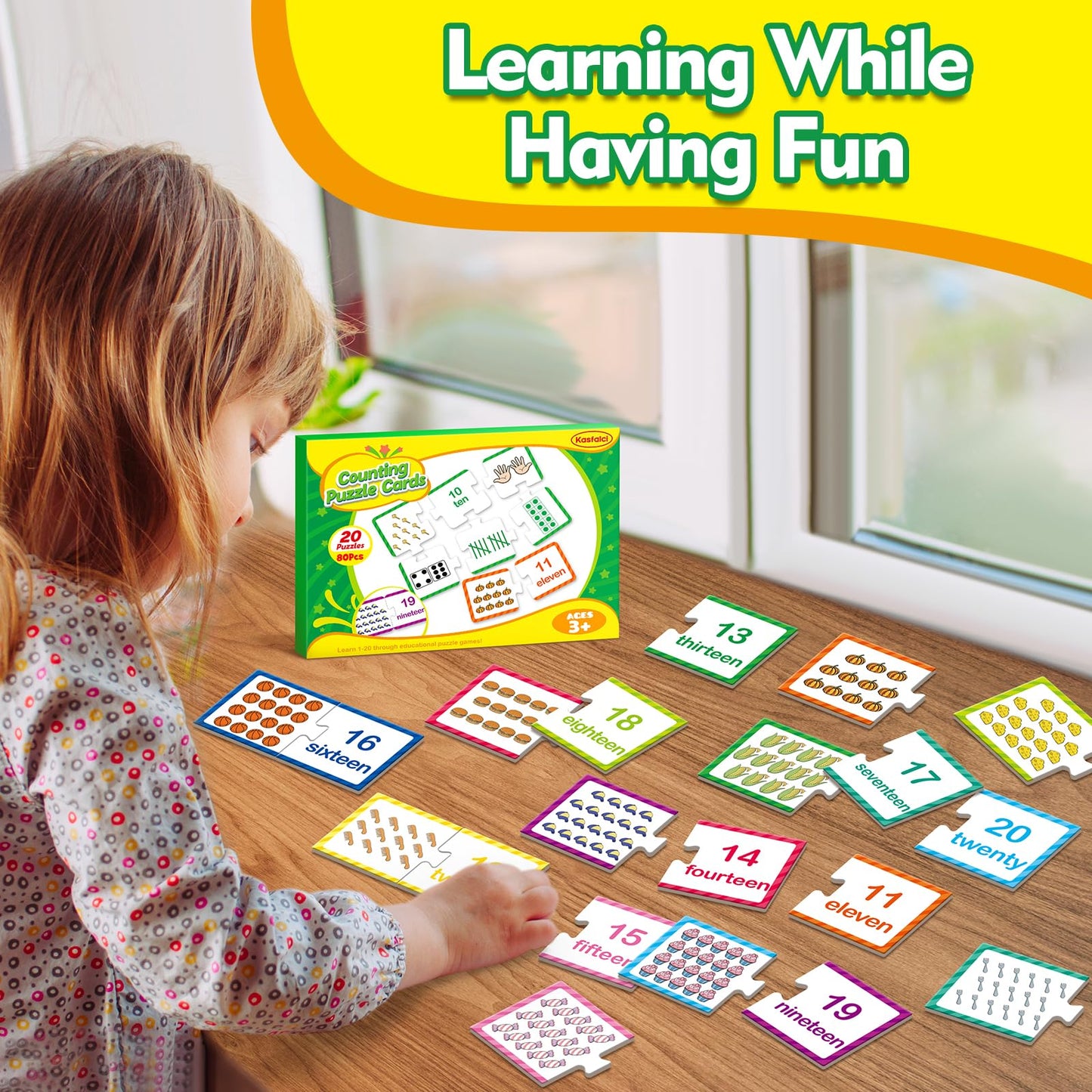 Kasfalci Number Puzzle Flash Cards, 80 PCS Counting Math Flashcards for Kids Toddler, Matching Games, Preschool Kindergarten Activities Classroom Must Haves, Educational Toys