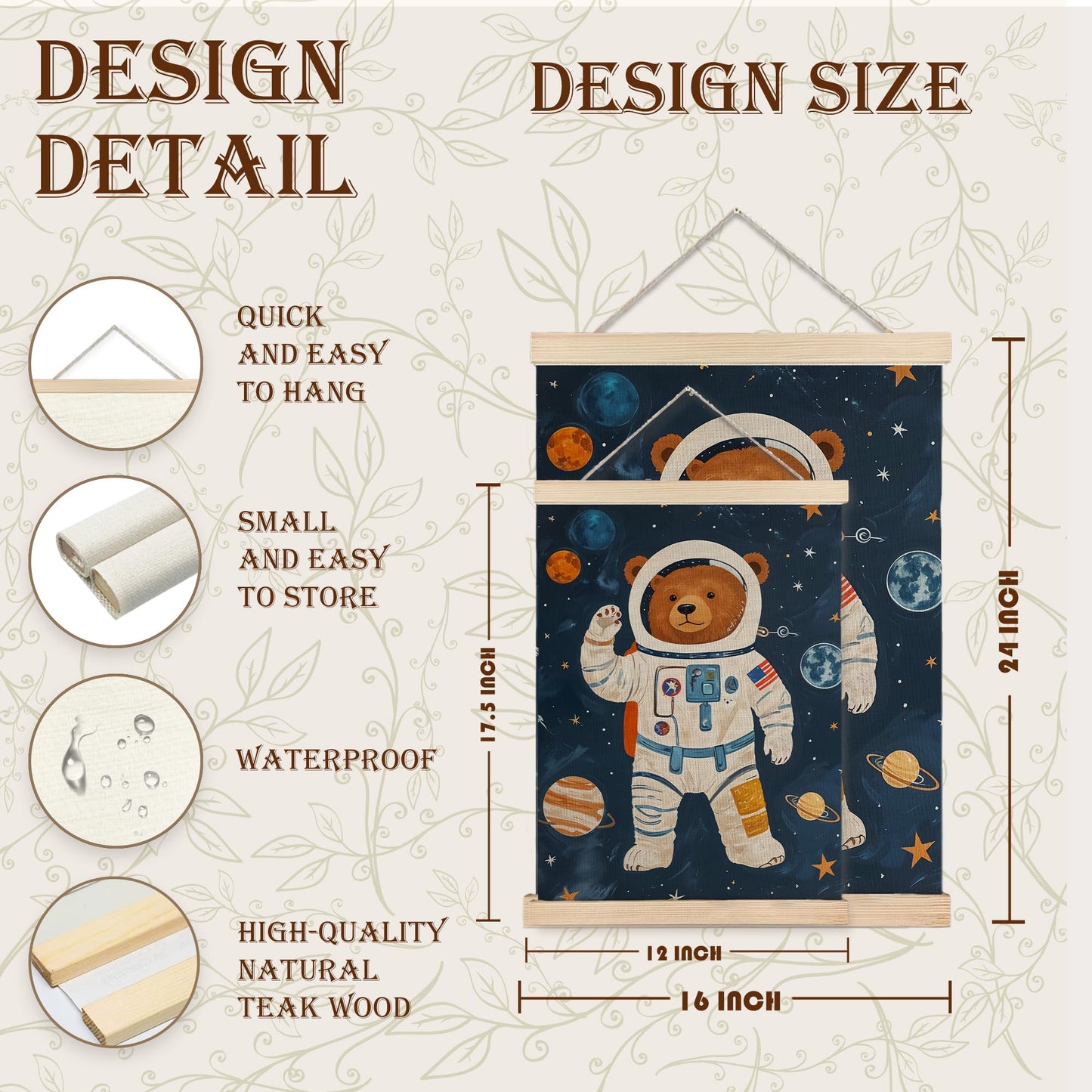 URLLUAE Astronaut Bear Space Wall Art Posters for Kids Room, Cute Outer Space Planet Poster Hanger Frame for Boys Bedroom Classroom Nursery Playroom Wall Decor, 12x16 Inch