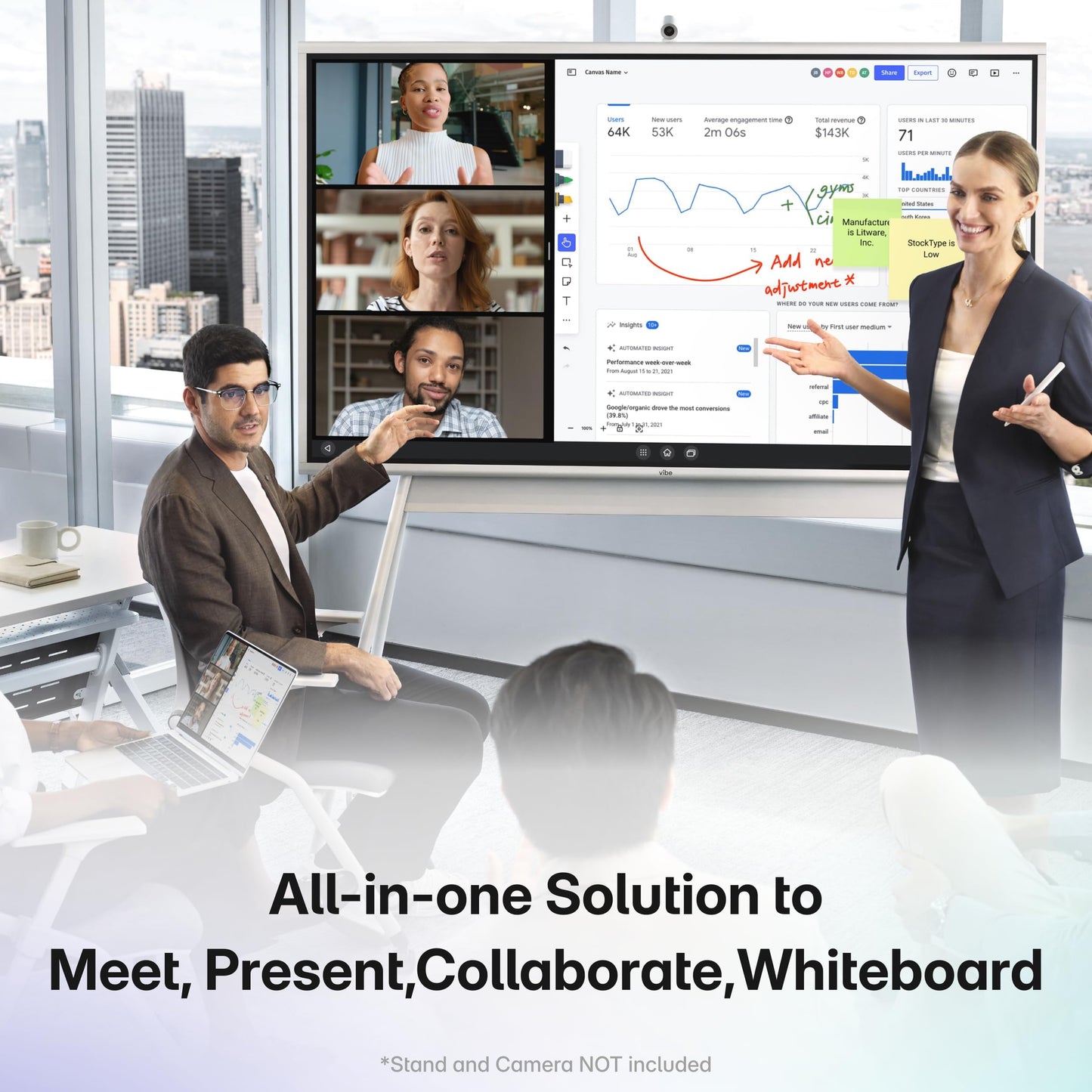 Vibe S1 4K UHD Smart Board, 75 Inch Digital Whiteboard for Office and Classroom, Electronic Presentation Meeting Device for Hybrid Work, Interative Touchscreen Display, Chrome OS and 250+ Free Apps