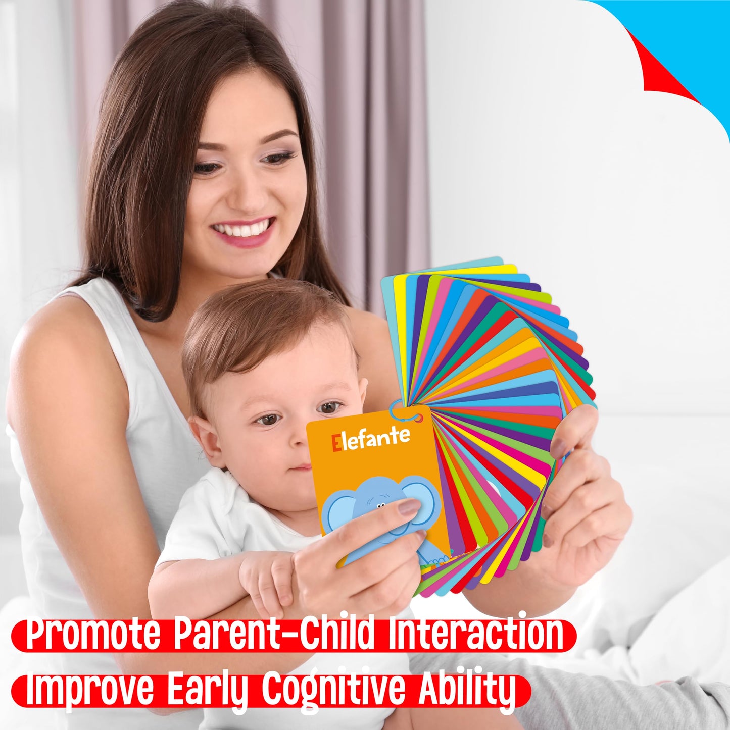 51 PCS Spanish Baby Cognitive Flashcards, Double Sided Printed 7 in 1 Colorful Cards Alphabet, Numbers, Foods, Animals, Shapes, Colors with 2 Reclosable Rings, Learning Tool for Toddlers