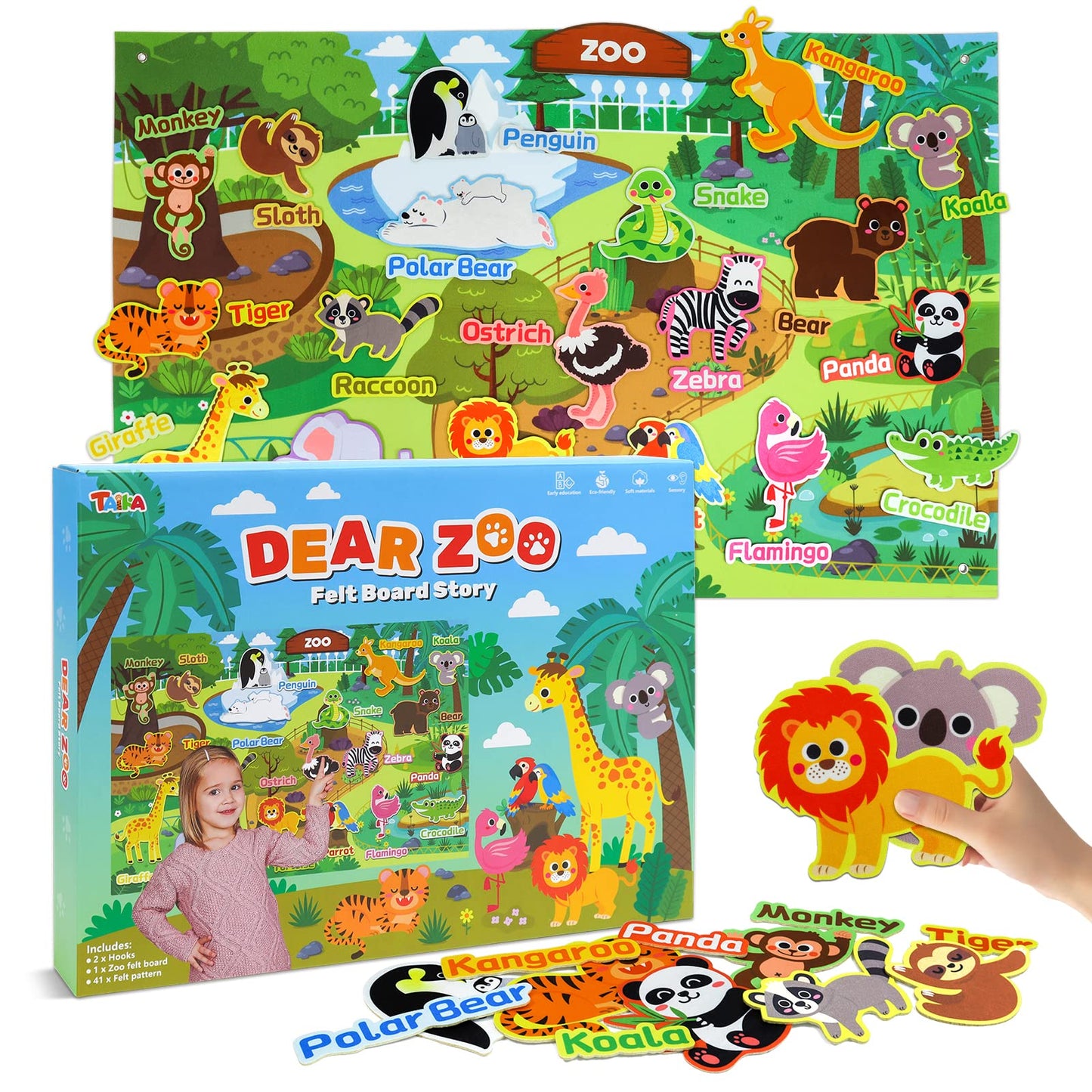 Taika 43x28 inch Zoo Animals Felt Story Board Set, 41Pcs Jungle Animals Toys, Thicker Flannel Board, Preschool Learning Toy, Interactive Storytelling Teaching Play Activity Kits
