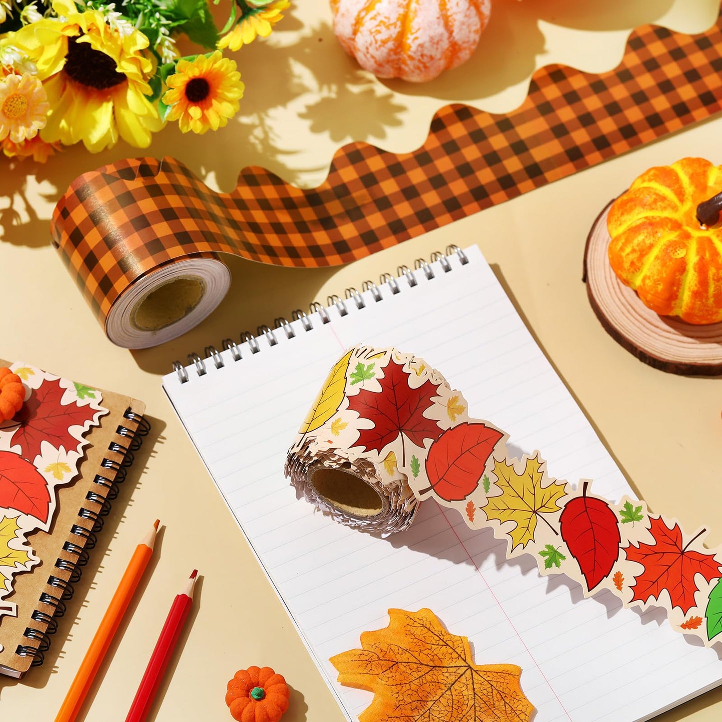 Trandraft 2 Rolls 65.6ft Fall Bulletin Board Borders Maple Leaves Rolled Bulletin Trim Orange Plaid Board Decorations Autumn Harvest Thanksgiving Party Classroom Office Wall Decor