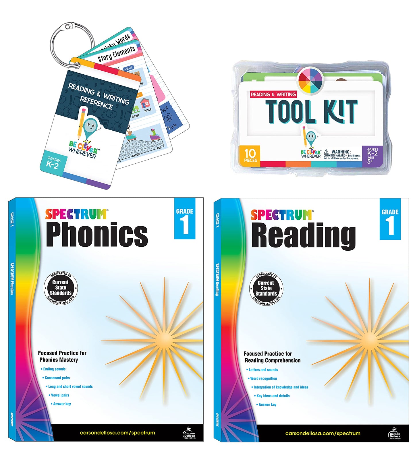 Carson Dellosa 29-Piece Reading Comprehension 1st Grade Teaching Supplies, Spectrum Reading and Phonics 1st Grade Workbooks, Writing Tool Kit, and Reference Flash Cards