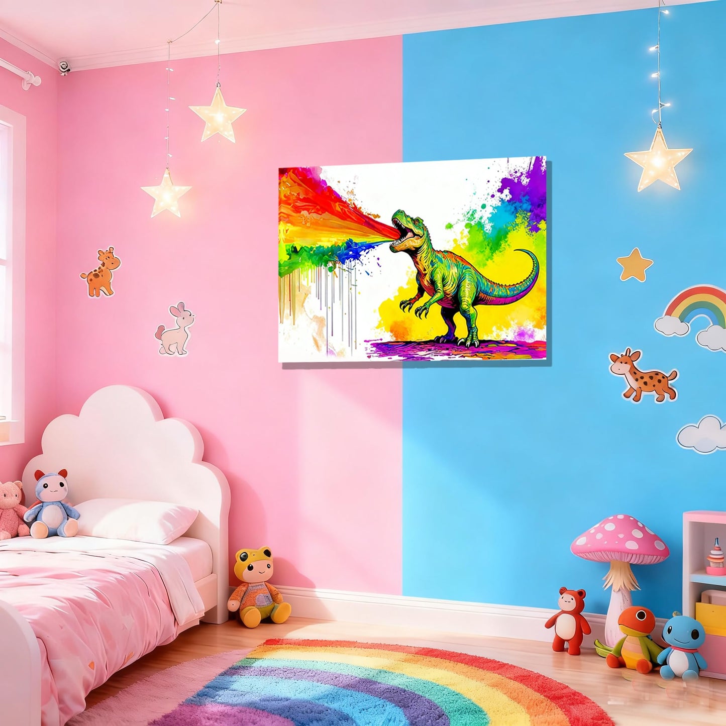 16x24 Graffiti Wall Art Colorful T-Rex Spitting Rainbow Fire Framed Canvas Dianosaur Prints Decor Pop Cartoon Picture Kids Nursey Bathroom Pictures Teen Boys Bedroom Child Funny Animals Posters