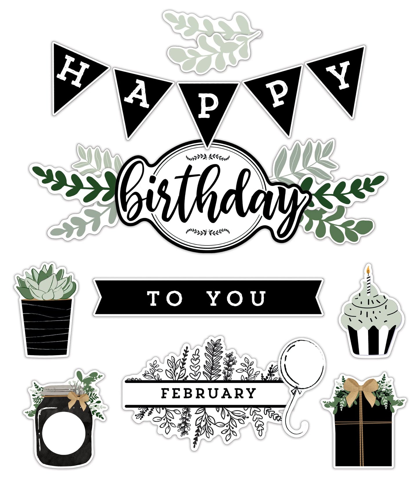 Carson Dellosa 62 pc Bundle of Farmhouse Decor, Calendar Monthly Headers, Cupcakes, Presents, Mason Jars, Plant and Eucalyptus Birthday Decorations for Party, Classroom, and Bulletin Board