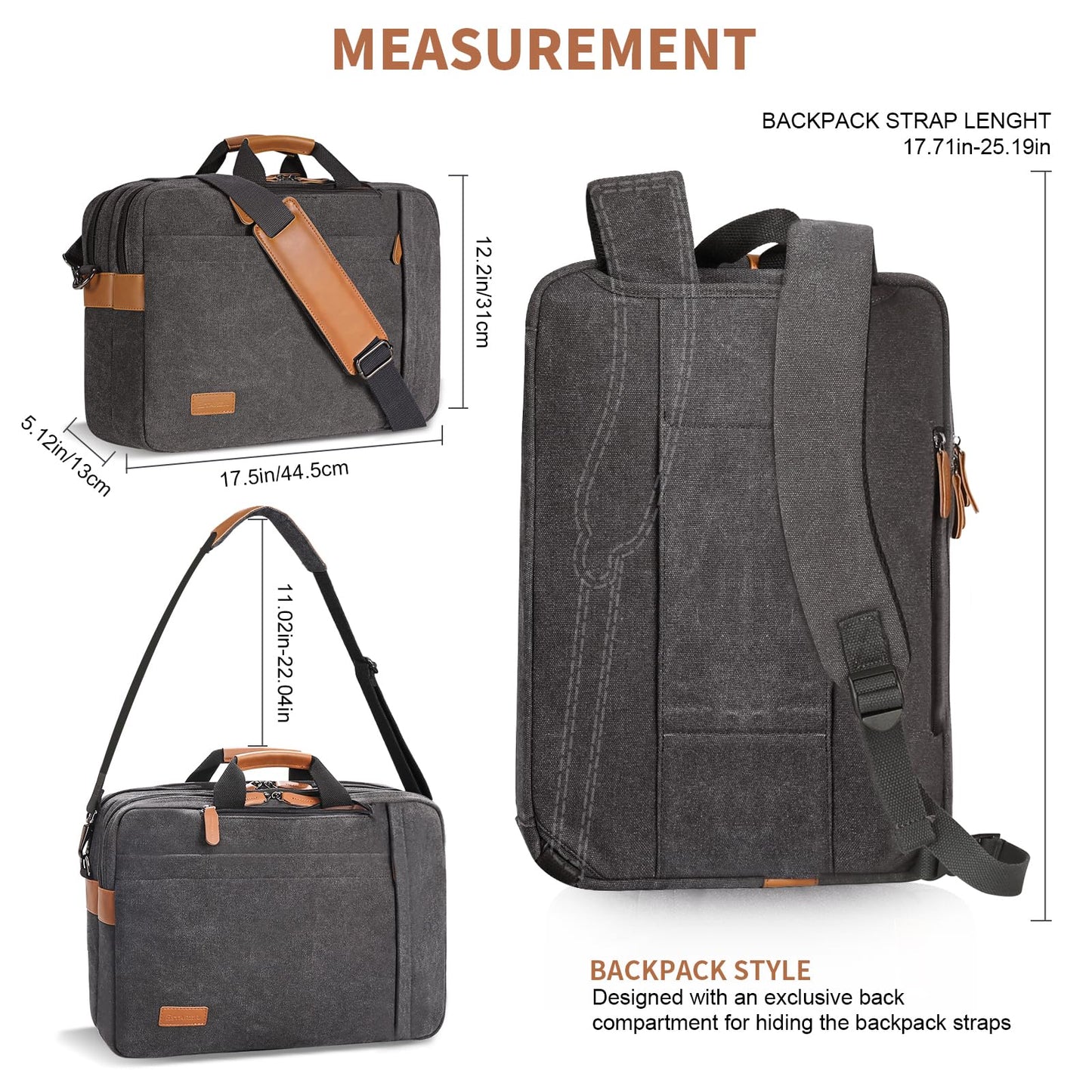 ESTARER Laptop Computer Bag for Men 3 In 1, 17-17.3 Inch Laptop Messenger Bag for Business/Work/Travel, Convertible Backpack Briefcase Water resistant Canvas Laptop Backpack (Grey)