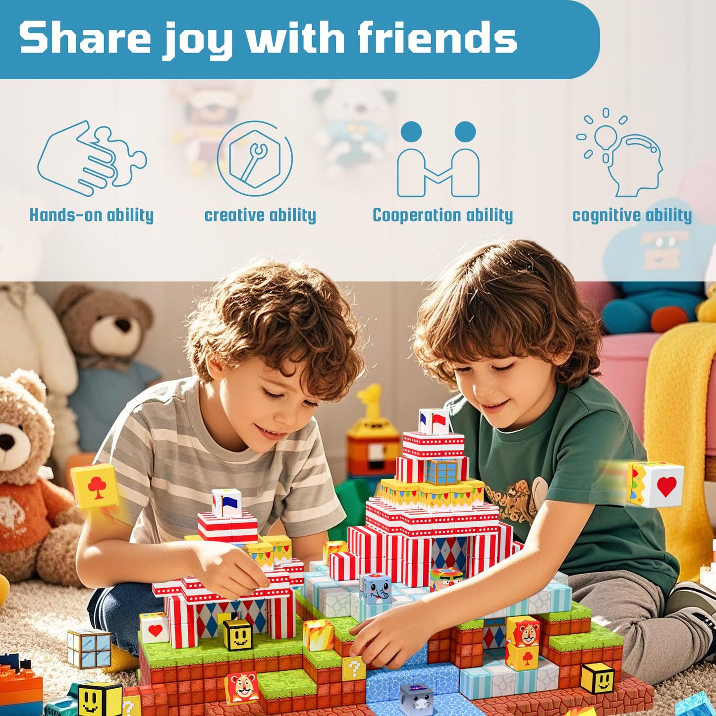 BRISTLIX 200PCS Magnetic Building Blocks with Storage Bag, 0.8in Joyful Circus STEM Magnet Cubes, Creative Construction Magnetic Blocks, Ideal Gift for Boys & Girls Age 3-12 Magnetic Cubes
