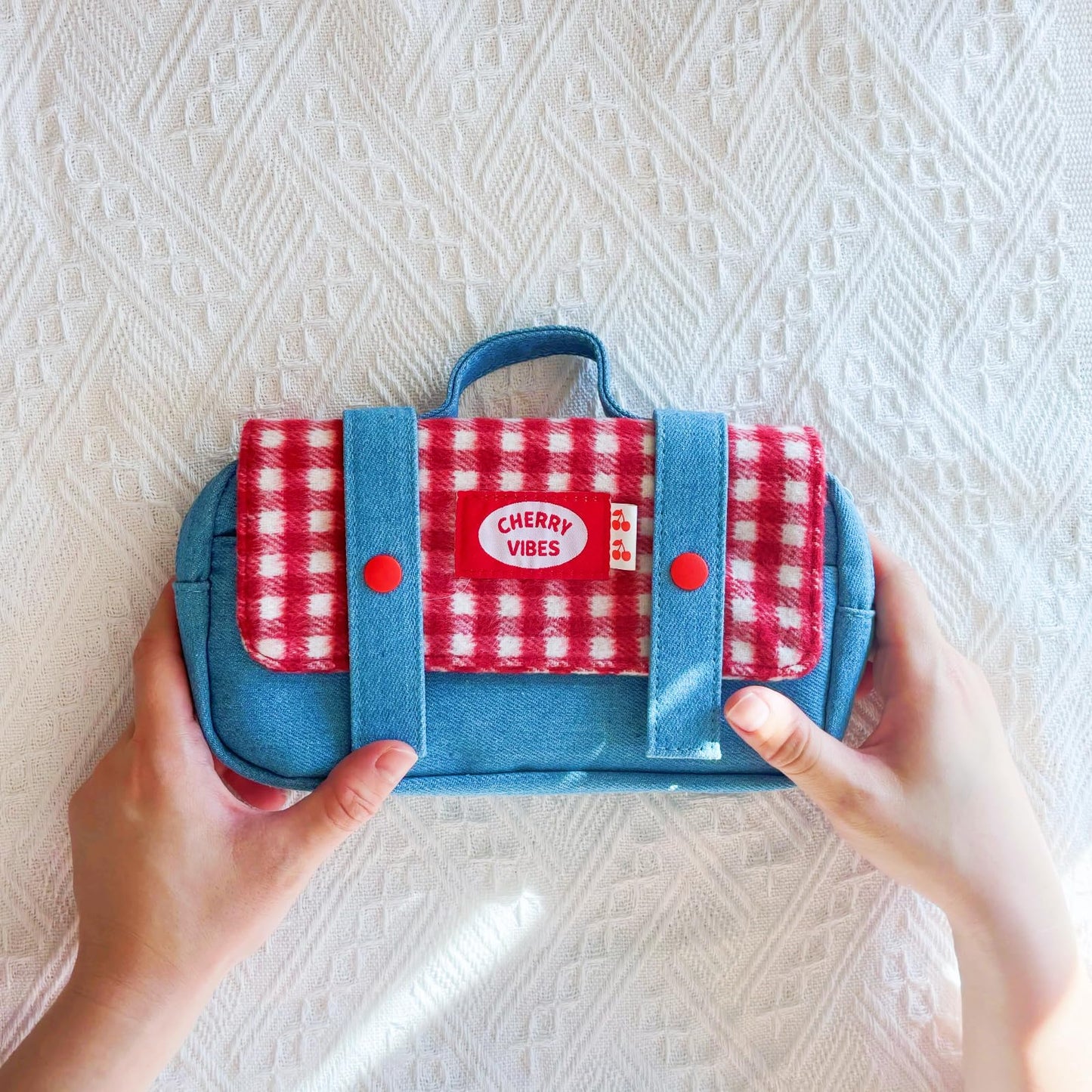 Haumei Cute Checkered Pencil Case, Red White Plaid with Denim Patchwork, Large Capacity Gingham Pattern Pen Bag with Handle, Big Stationery Organizer, Multi-Use Storage Pouch, 8.7x1.6x4.7 Inches, Blue