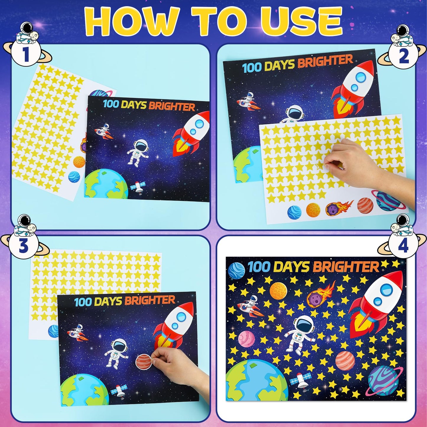 CHUNNIN 32Pcs 100 Days of School Space Scene Sticker Fun Vivid Solar System Astronaut Poster and Space Theme DIY Craft Sticker Outer Space Build a Scene Crafts for Classroom Activity Supplies
