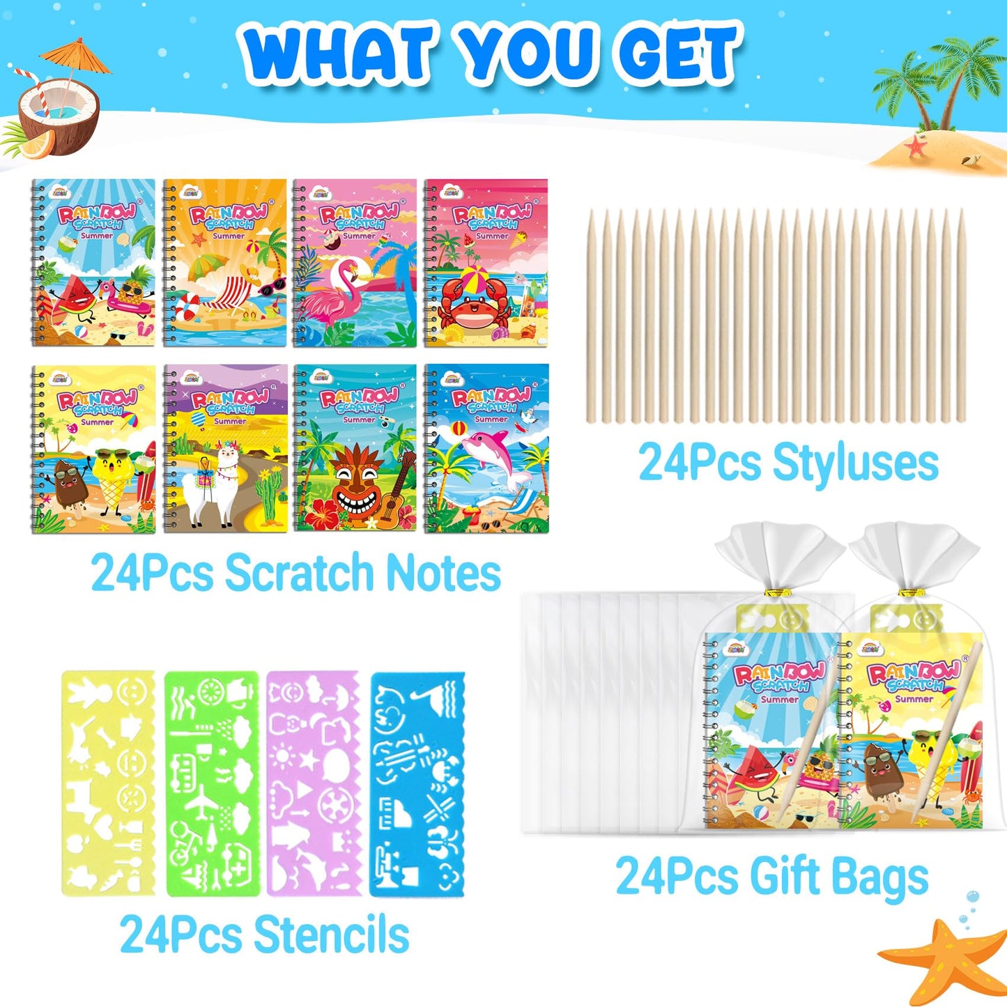 ZMLM 24 Pack Scratch Art Party Favors: Birthday Party Favors for Kids 4-8, Bulk Rainbow Scratch Notebook Paper Pads, Goodie Bags Stuffers Girls Boys Classroom Gifts Crafts Toys(Summer)