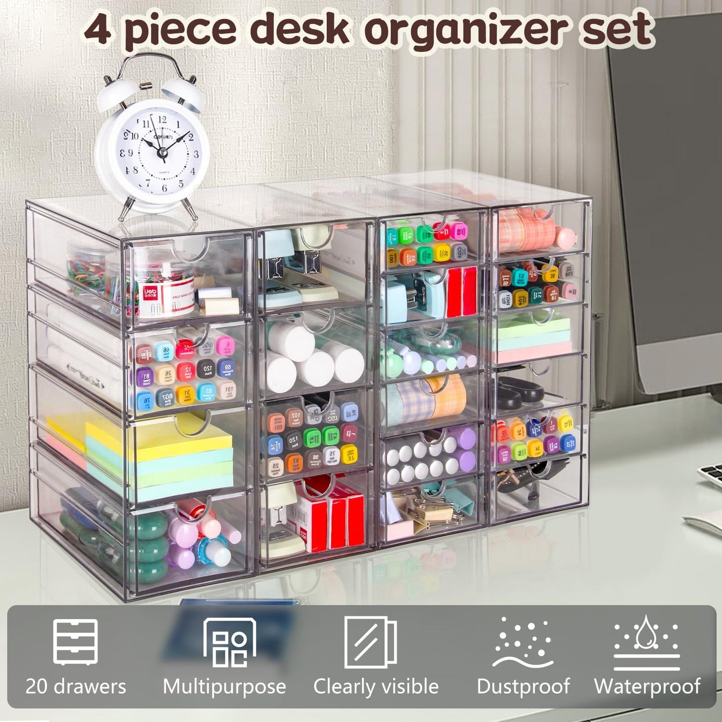 VZKAH Acrylic Organizer with Drawers | 20 Drawers 4 Sets | Desk Organizer and Storage, Clear Makeup Organization, For Office/Art Supply/Craft Storage and Organization
