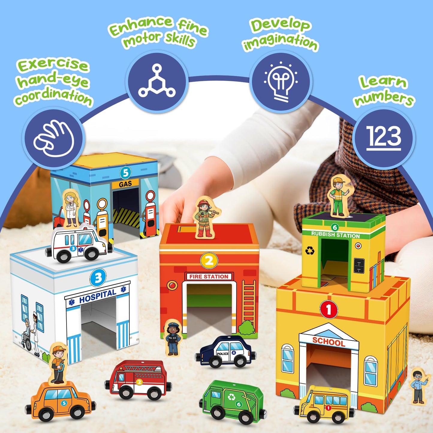 Aizweb Toddler Sorting&Stacking Toys with Magnetic Wooden Vehicle,Cars&Community Helpers,STEM Building Blocks,Educational Learning Montessori Gifts for 1 2 3 Year Old Boys Girls Preschool Kindergarten
