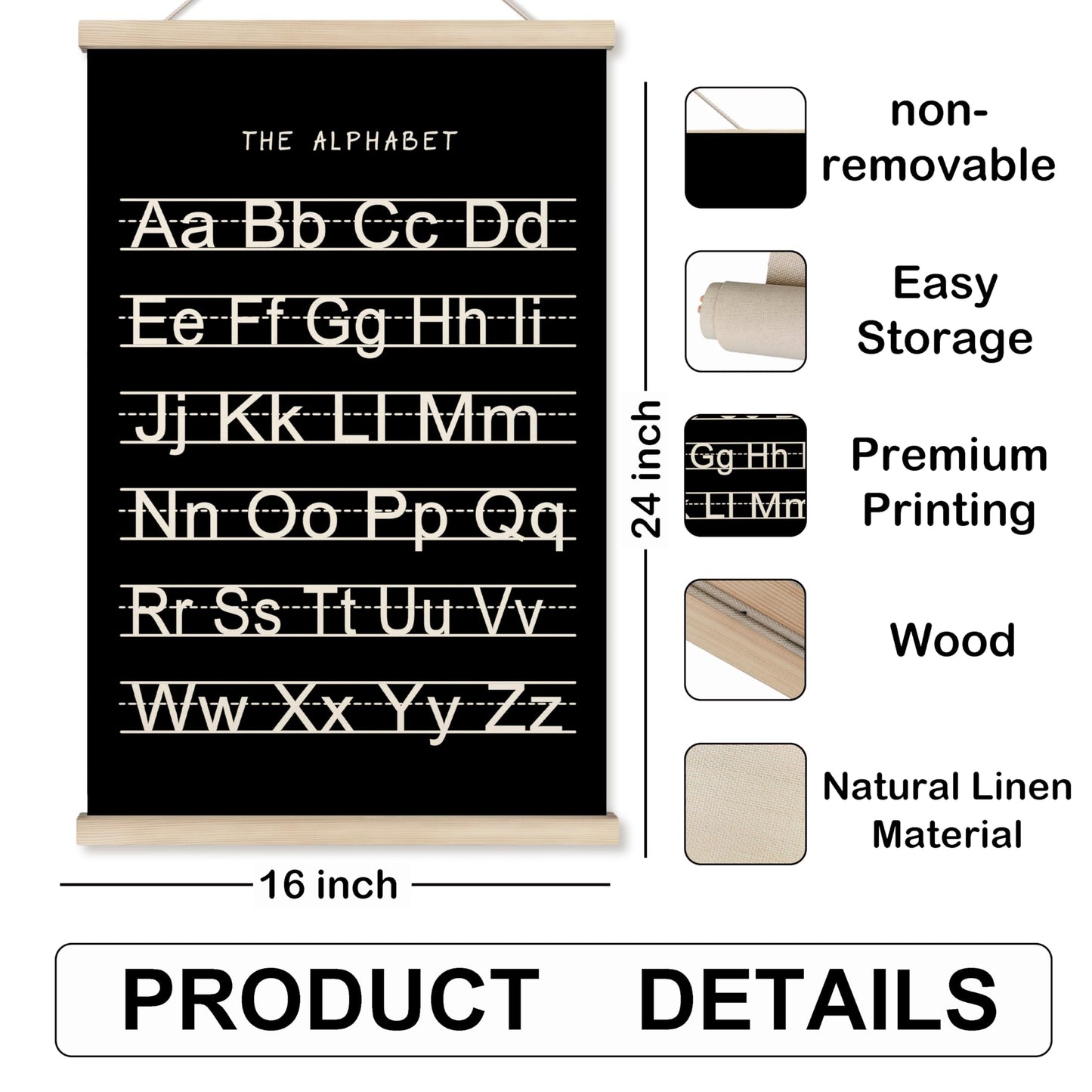 HRQKO Black Alphabet Numbers Poster Hanger Frame Set of 2, Nursery Wall Decor, ABC Poster Wall Art with Wooden Frames, Alphabet Banner Wall Hanging Decor for Playroom Boy Toddler Room, 16x24 inch