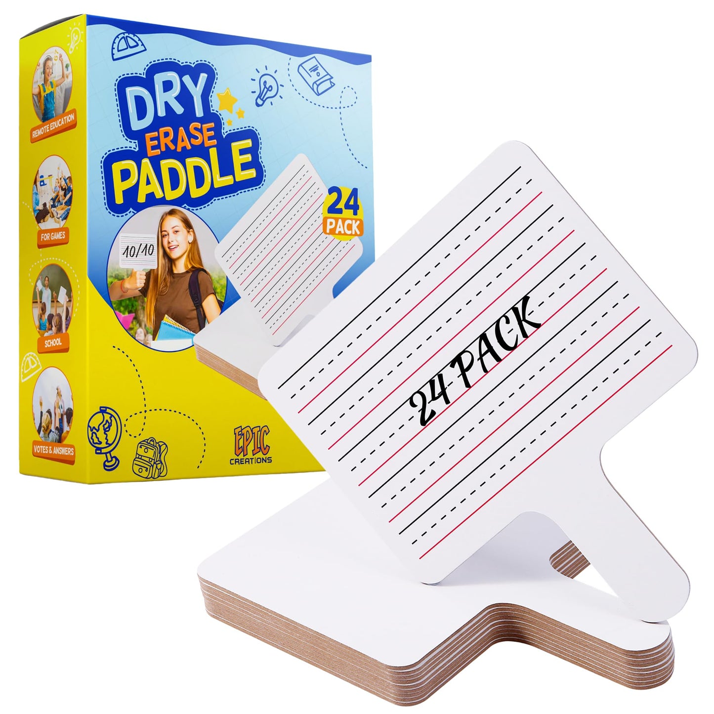 Epic Creations Dry Erase Paddles - 24 Pack 8.11 x 6.14 Inches - Double Sided Handheld Whiteboard - Dry Erase Signs - Hand Held White Board - Auction Paddles - White Board Paddles,Hand Dry Erase Board
