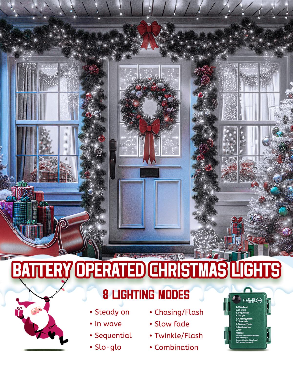 Minetom Christmas Cluster Lights, 10Ft 120 LED, Battery Operated, Waterproof, Cool White, 2 Pack, Model BPD-LUO-DCH-120D