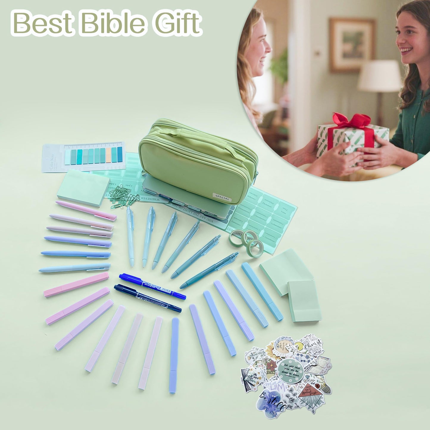 J6&H6 170Pcs Complete Bible Study Supplies Journaling Kit with Tabs, Highlighters and Color Pens, Notebook,Stickers & More Bible Accessories Set for Women, Beginner Christian Gifts(Green)