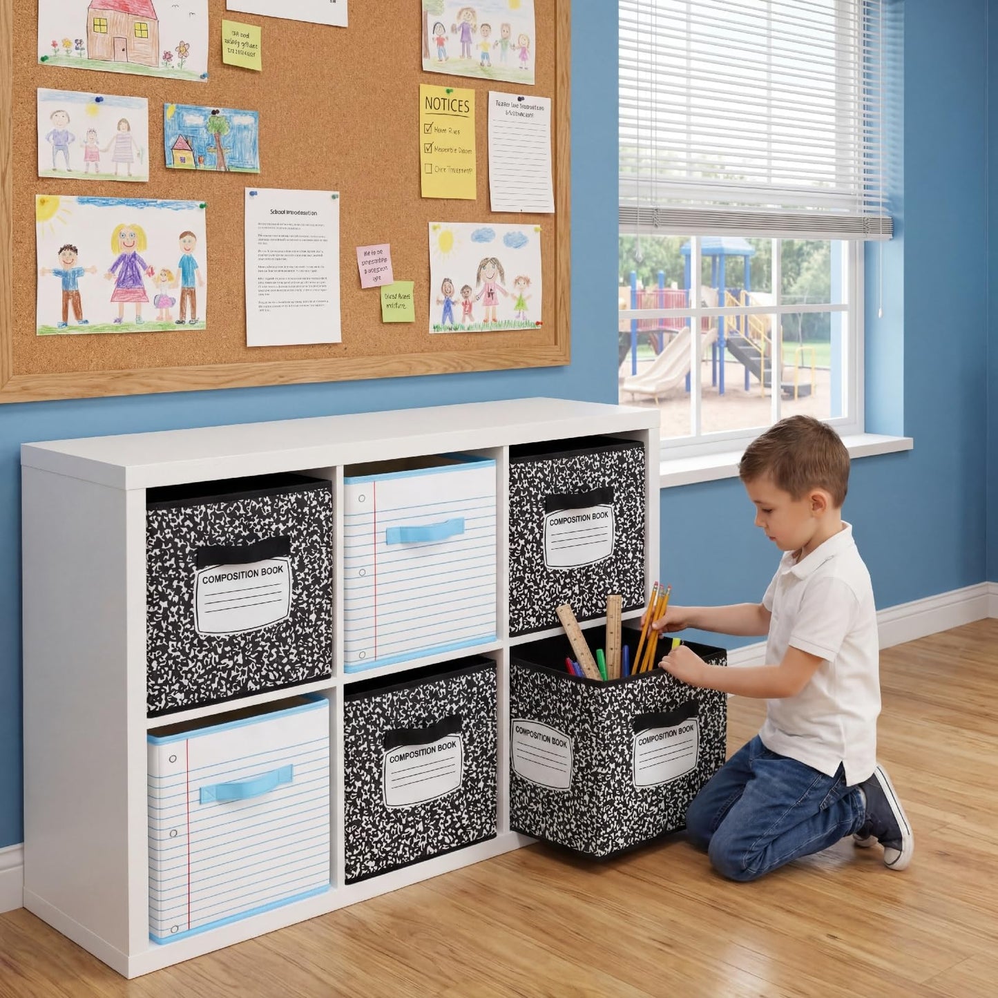 Briwooody 6 Pcs 11 Inch Composition Book Classroom Fabric Storage Bins Cube Classroom Must Have Cubby Basket Bin Notebook School Collapsible Storage Treasure Prize Box for Daycare Elementary Preschool