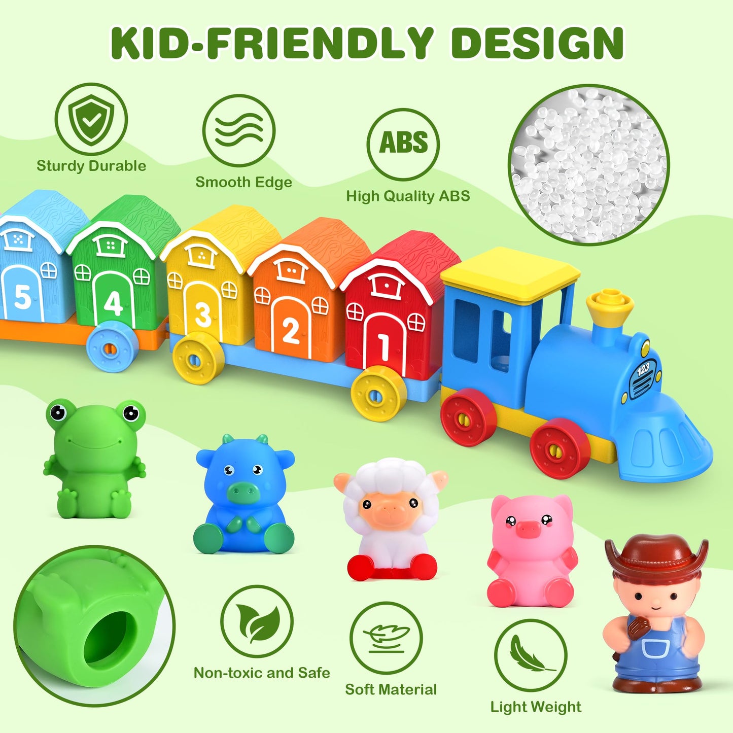 GooMags Montessori Toys for Toddlers, Farm Animal Train Set with Counting Matching Sorting Activities 9 Barns, 10 Finger Puppets, 2 Stickers-Learning Toys for Baby Boys Girls, Preschool Gift