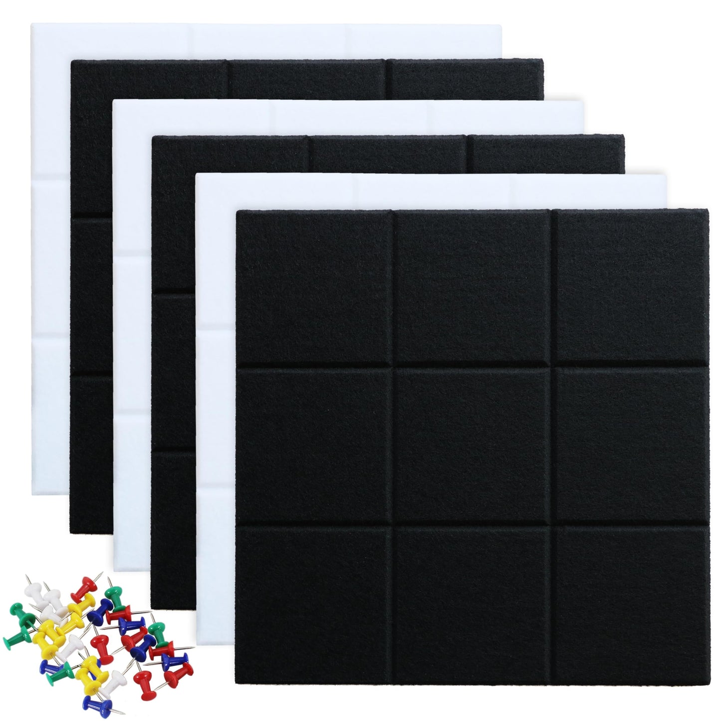 Uoisaiko Large Felt Board Tiles for Wall with 30 Push Pins, 11.8"x11.8" Pack of 6 Pin Board Notice Boards for Home Office Kitchen, Bulletin Board Wall Tiles for Photos Memos (Black+White, 6 Pack)